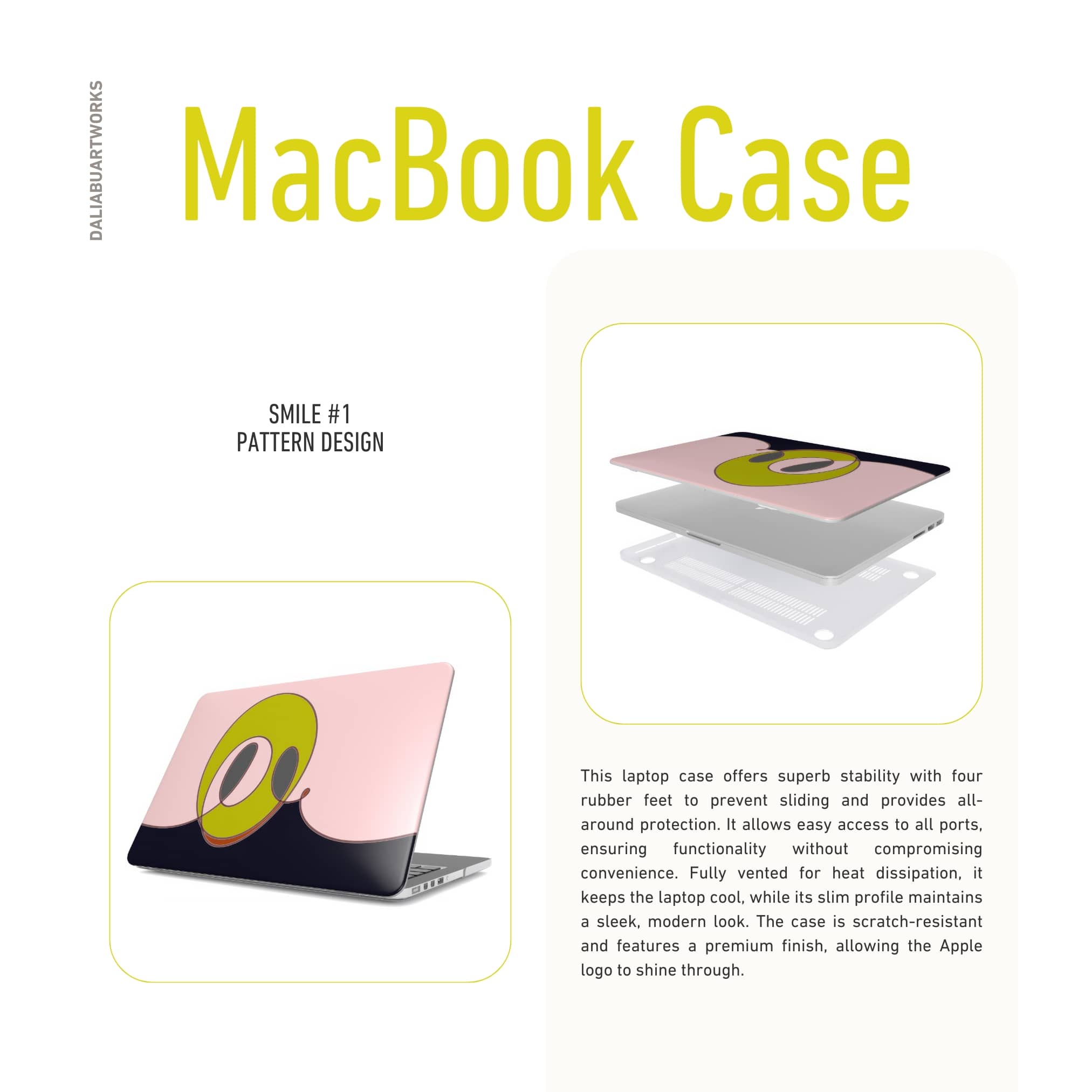 MacBook case Smile pattern design with a playful, bold expression of joy captured in abstract form, featuring an elegant and expressive aesthetic design. Main colors are pink and mustard yellow. Description of snap case ventilation benefits.