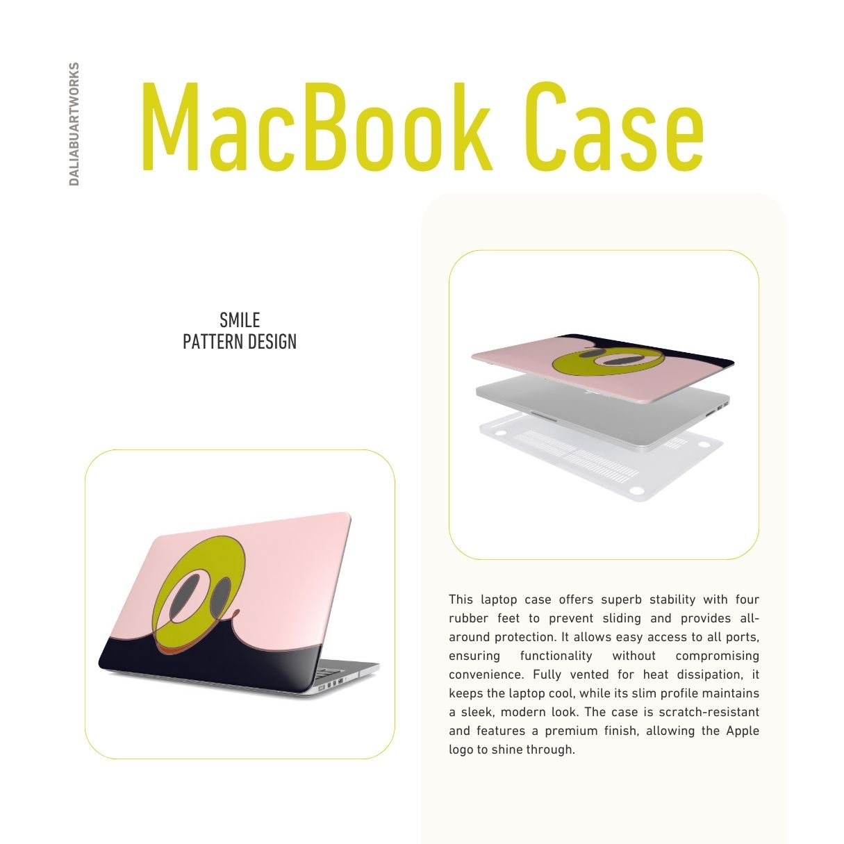 MacBook case Smile pattern design with a playful, bold expression of joy captured in abstract form, featuring an elegant and expressive aesthetic design. Main colors are pink and mustard yellow. Description.