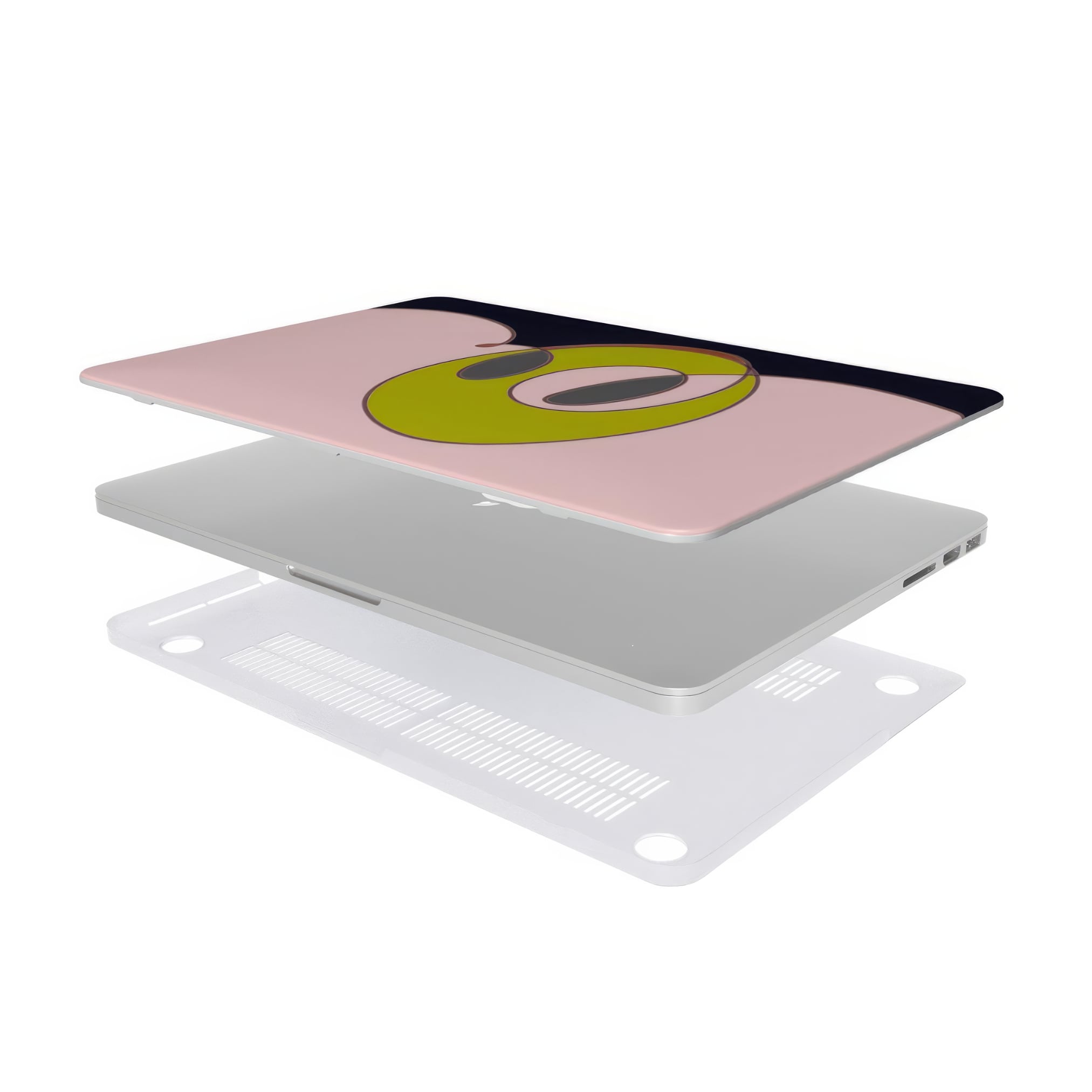MacBook case Smile pattern design with a playful, bold expression of joy captured in abstract form, featuring an elegant and expressive aesthetic design. Main colors are pink and mustard yellow. Extend view.