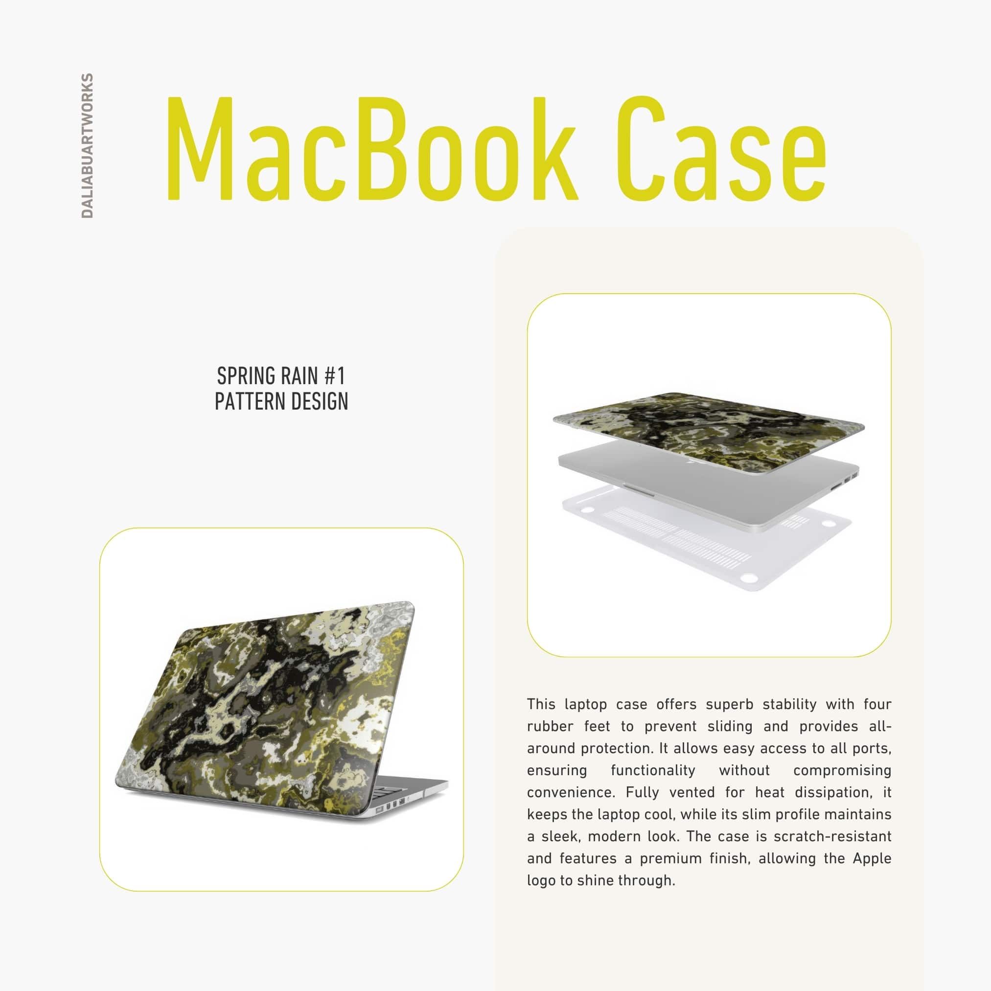 MacBook case side view; Spring Rain 1 pattern, artistic, abstract marble pattern. Yellow, black and grey color combination.