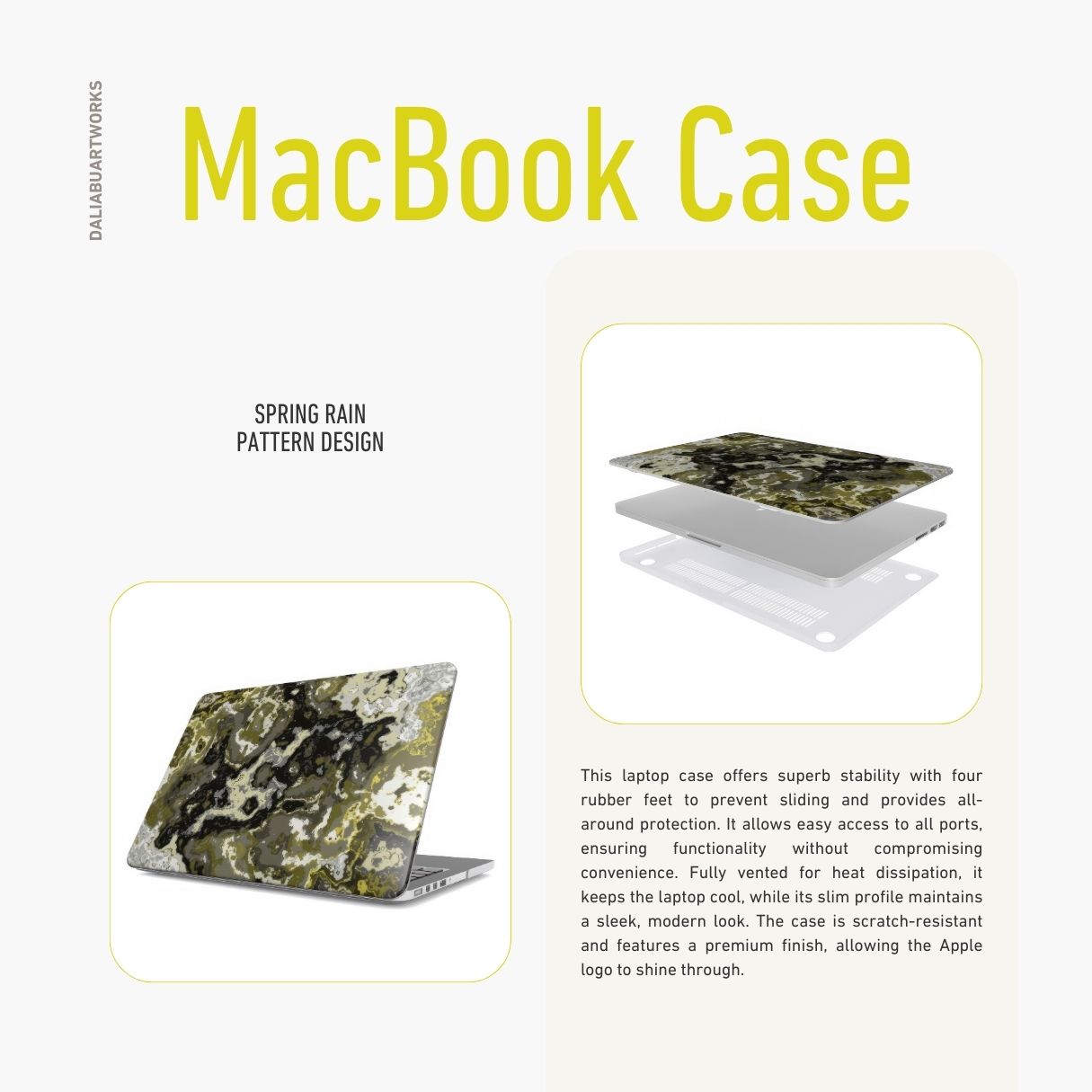 MacBook case side view; Spring Rain pattern, artistic, abstract marble pattern. Yellow, black and grey color combination.