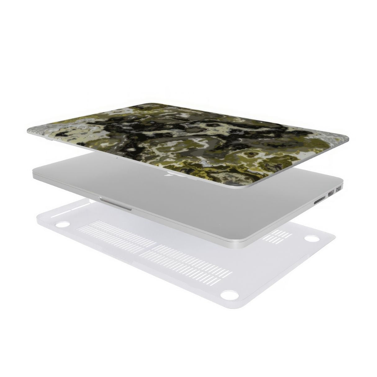 MacBook case extend view; Spring Rain pattern, artistic, abstract marble pattern. Yellow, black and grey color combination.