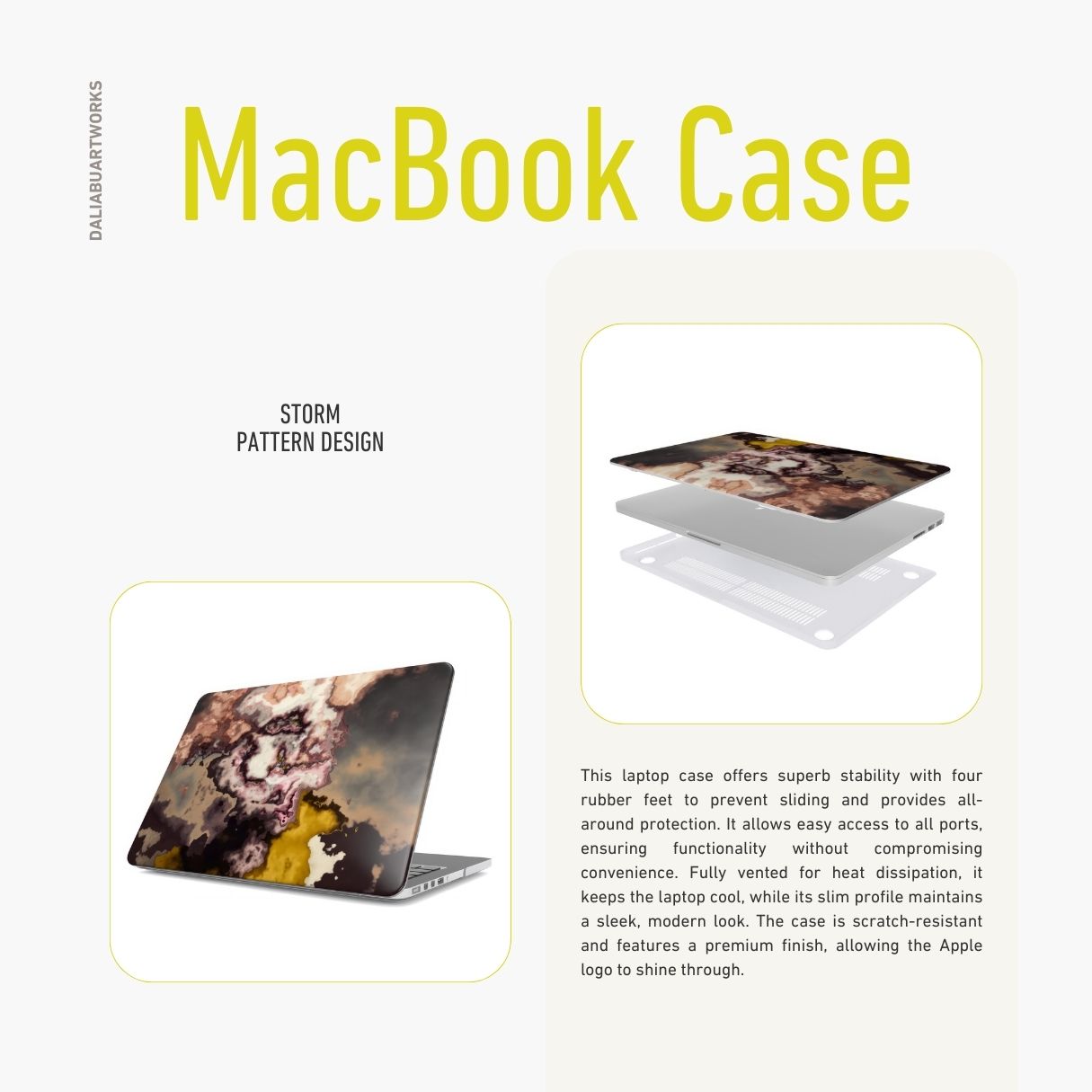 MacBook case side view; Storm pattern, artistic, abstract marble pattern. Yellow and beige color combination.