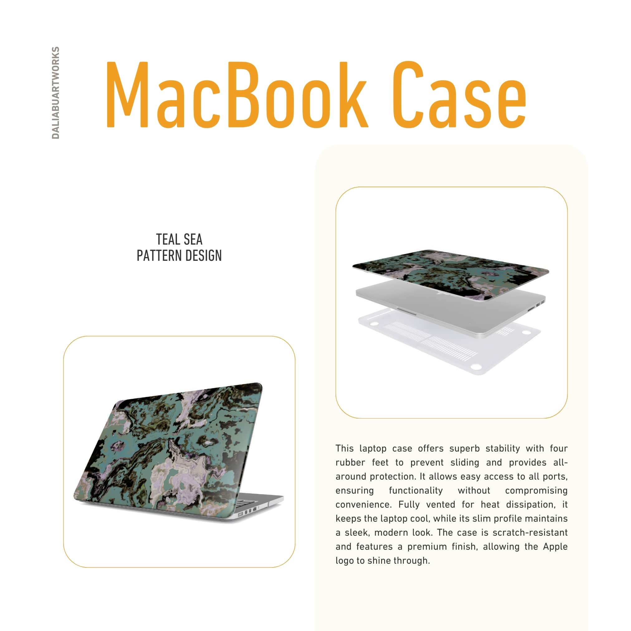 MacBook case with a bold vivid pattern in marble abstract and artistic style, featuring an elegant and expressive aesthetic design. Main colors are teal blue and light lilac. ventilation benefits.