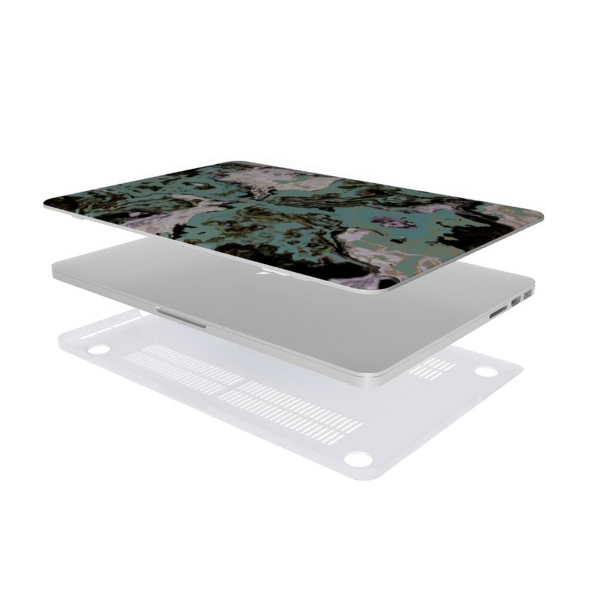 MacBook case with a bold vivid pattern in marble abstract and artistic style, featuring an elegant and expressive aesthetic design. Main colors are teal blue and light lilac. Extend view.