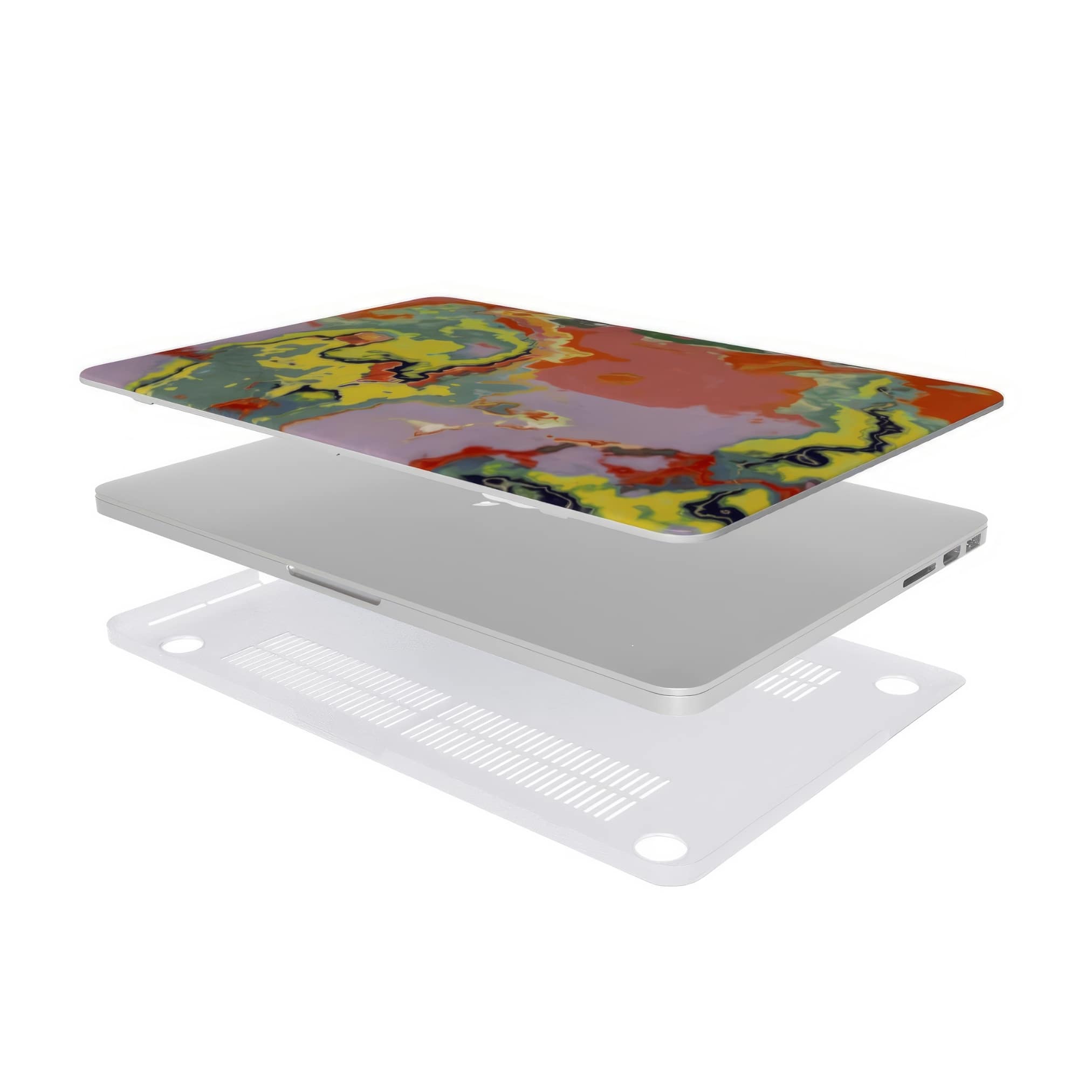 MacBook case extend view; Tropical 2 pattern, artistic, abstract marble pattern. Orange and green color combination.