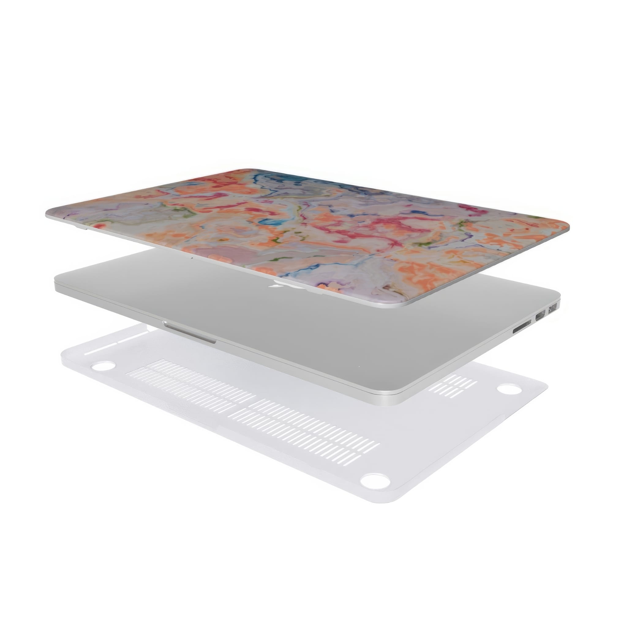 MacBook case with a bold vivid pattern Ufo 1 in marble abstract and artistic style, featuring an elegant and expressive aesthetic design. Main colors are blue, orange and red. Extend view.