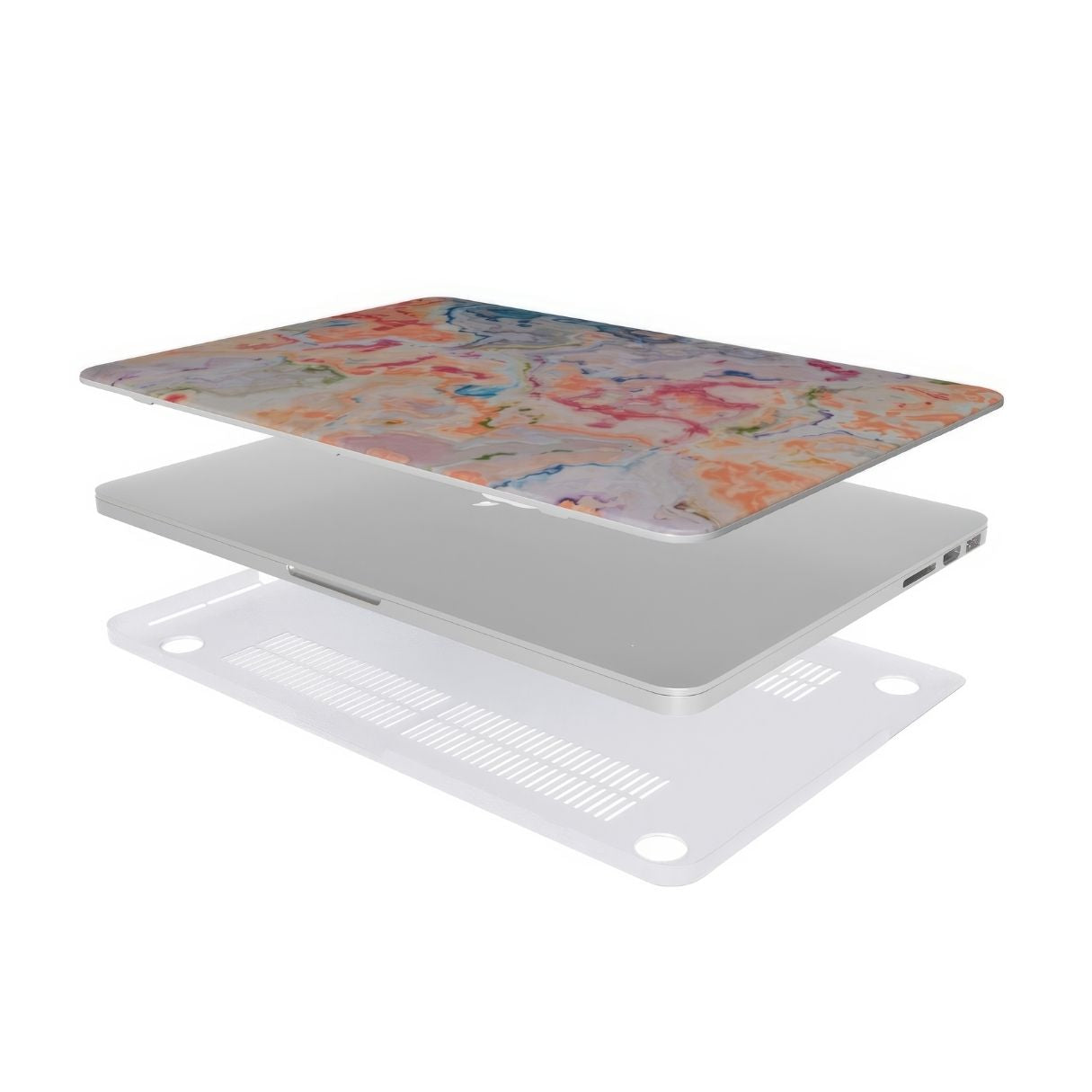 MacBook case with a bold vivid pattern Ufo in marble abstract and artistic style, featuring an elegant and expressive aesthetic design. Main colors are blue, orange and red. Extend view.