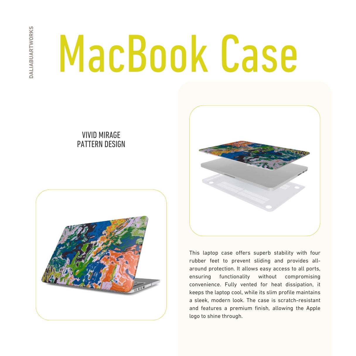 MacBook case with a bold vivid pattern in marble abstract and artistic style, featuring an elegant and expressive aesthetic design. Main colors are blue, green and yellow with slight orange. Front view. Description about ventilation features.
