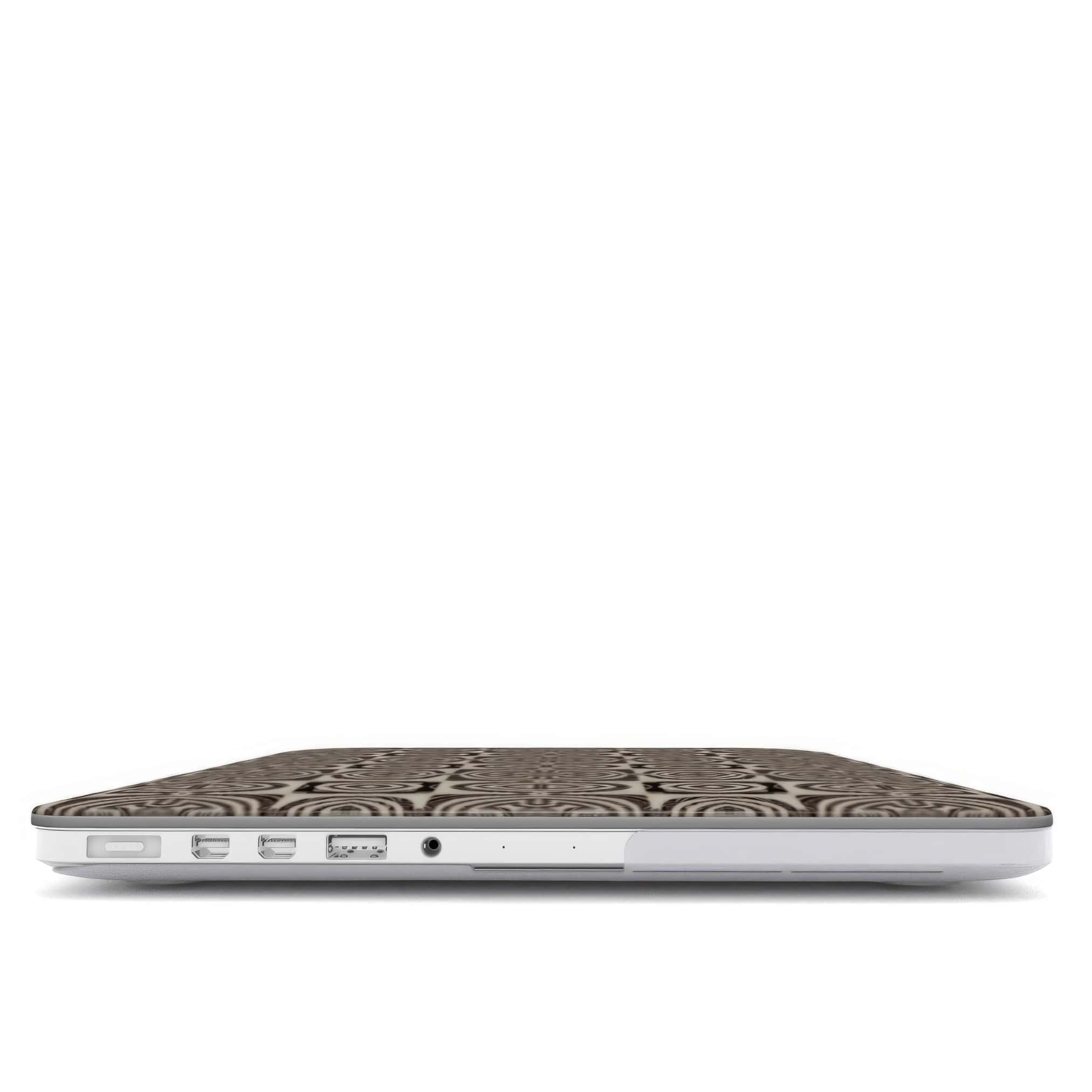 MacBook case closed view; wooden snake 1 pattern, ornamental pattern; kaleidoscope pattern imagination. Brown color.
