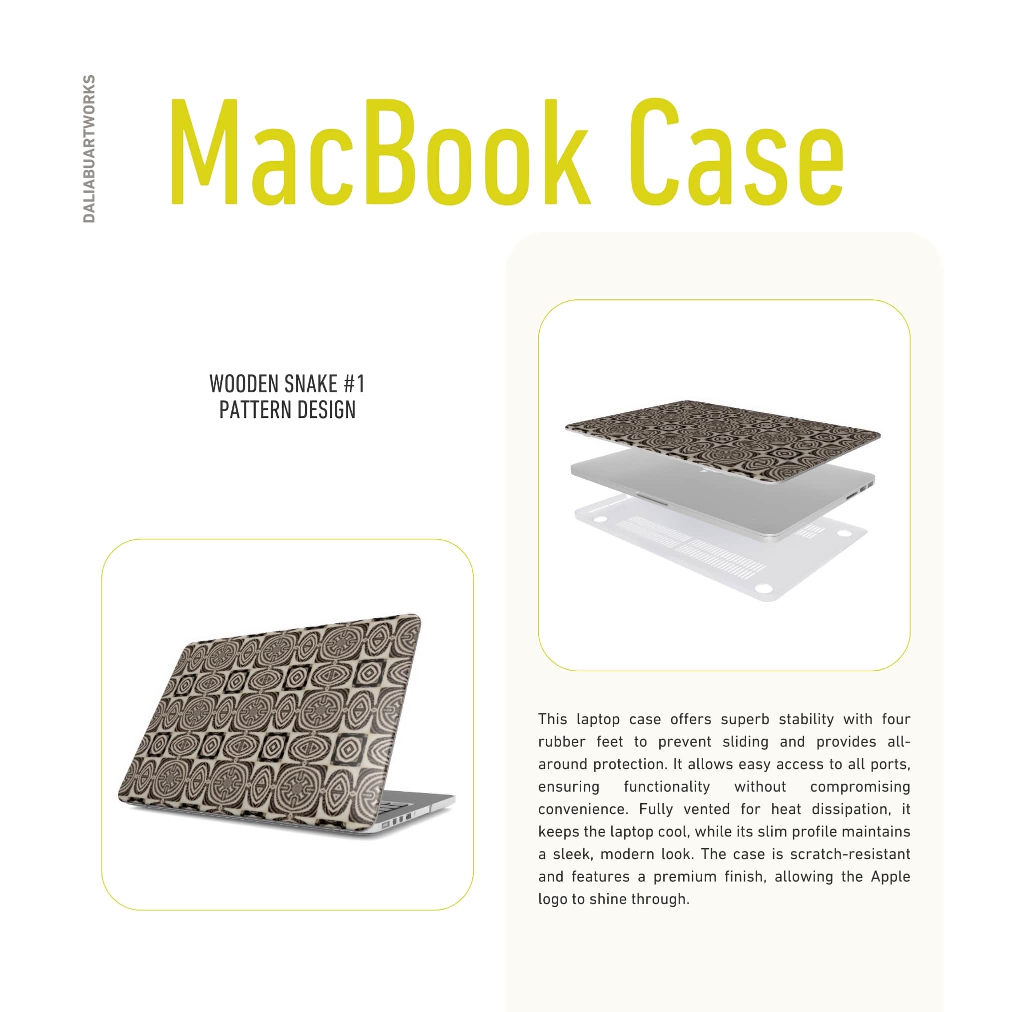 MacBook case side view; wooden snake 1 pattern, ornamental pattern; kaleidoscope pattern imagination. Brown color. Details about laptop cover ventilation features.
