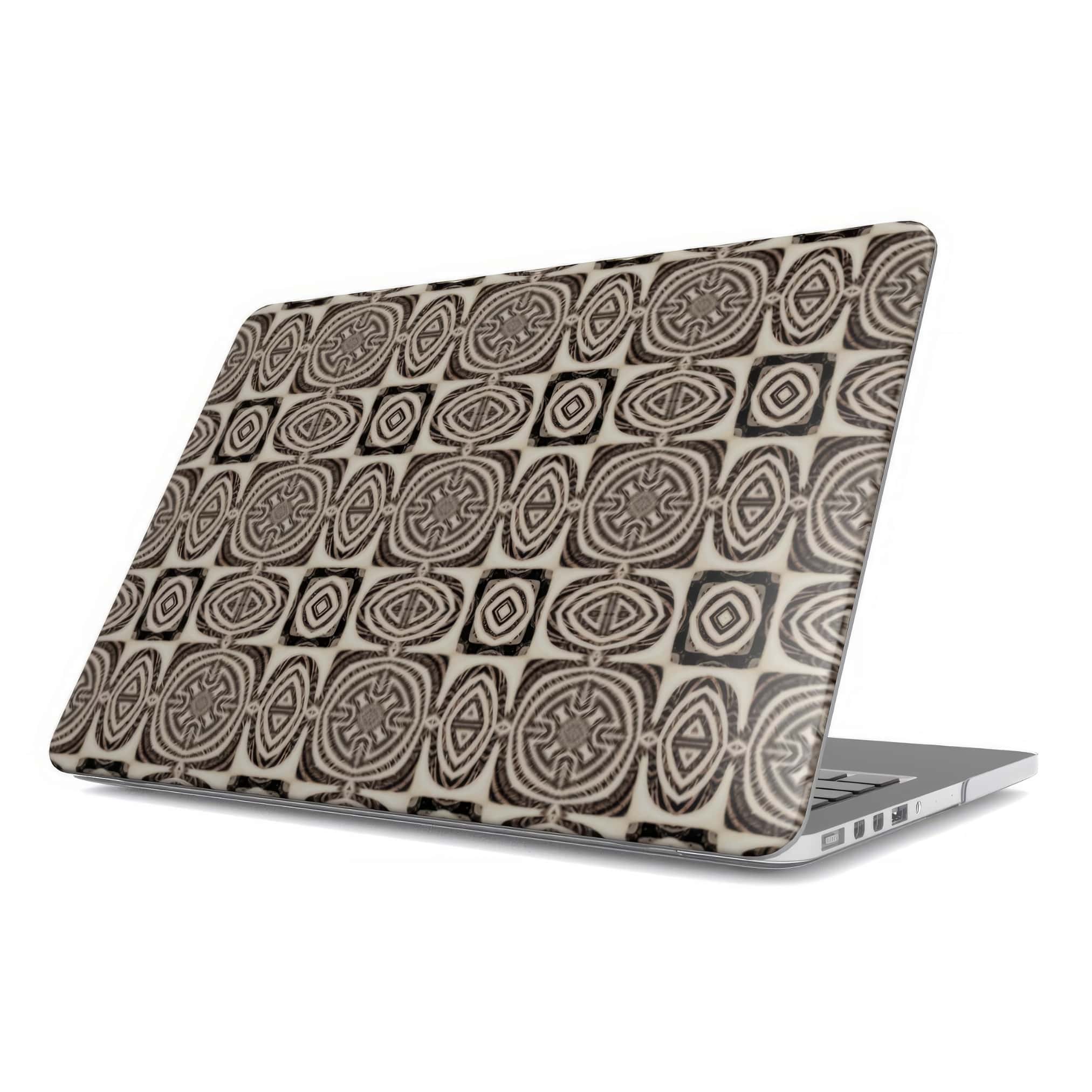 MacBook case side view; wooden snake 1 pattern, ornamental pattern; kaleidoscope pattern imagination. Brown color. Bold expressive aesthetic design. Colorful and interior fit.
