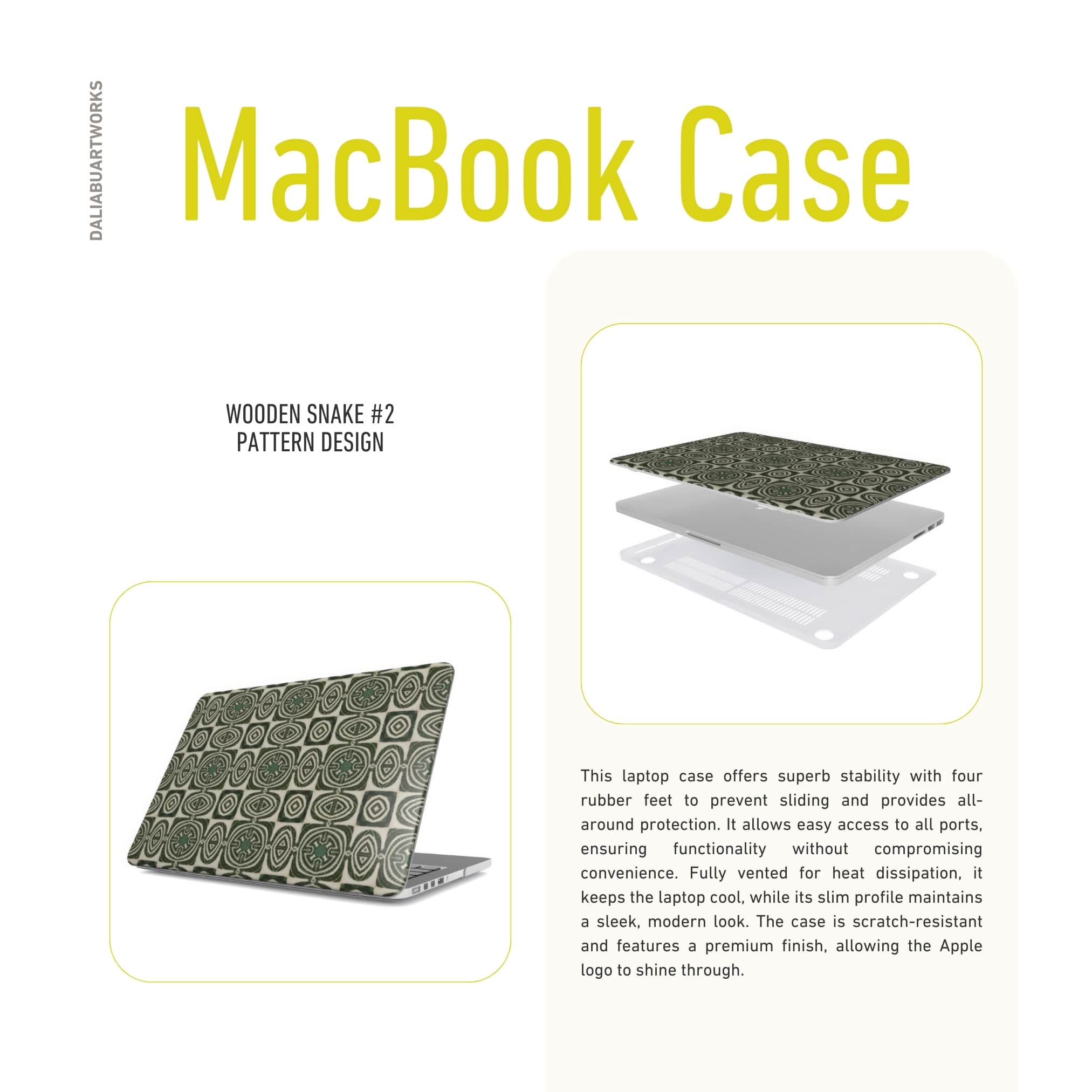 MacBook case side view; wooden snake 2 pattern, ornamental pattern; kaleidoscope pattern imagination. Green color. Laptop cover ventilation features.