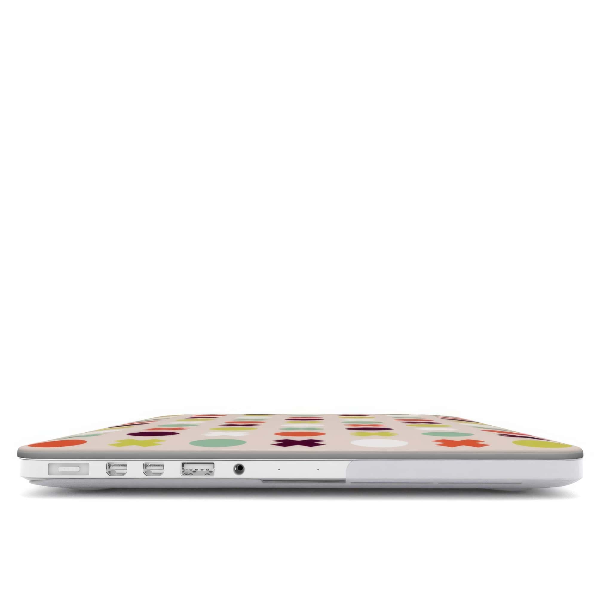 MacBook case XOXO pattern design with a circles and cross modern style, featuring an elegant and expressive aesthetic design. Main colors are orange red, purple, yellow and mint. Closed view.