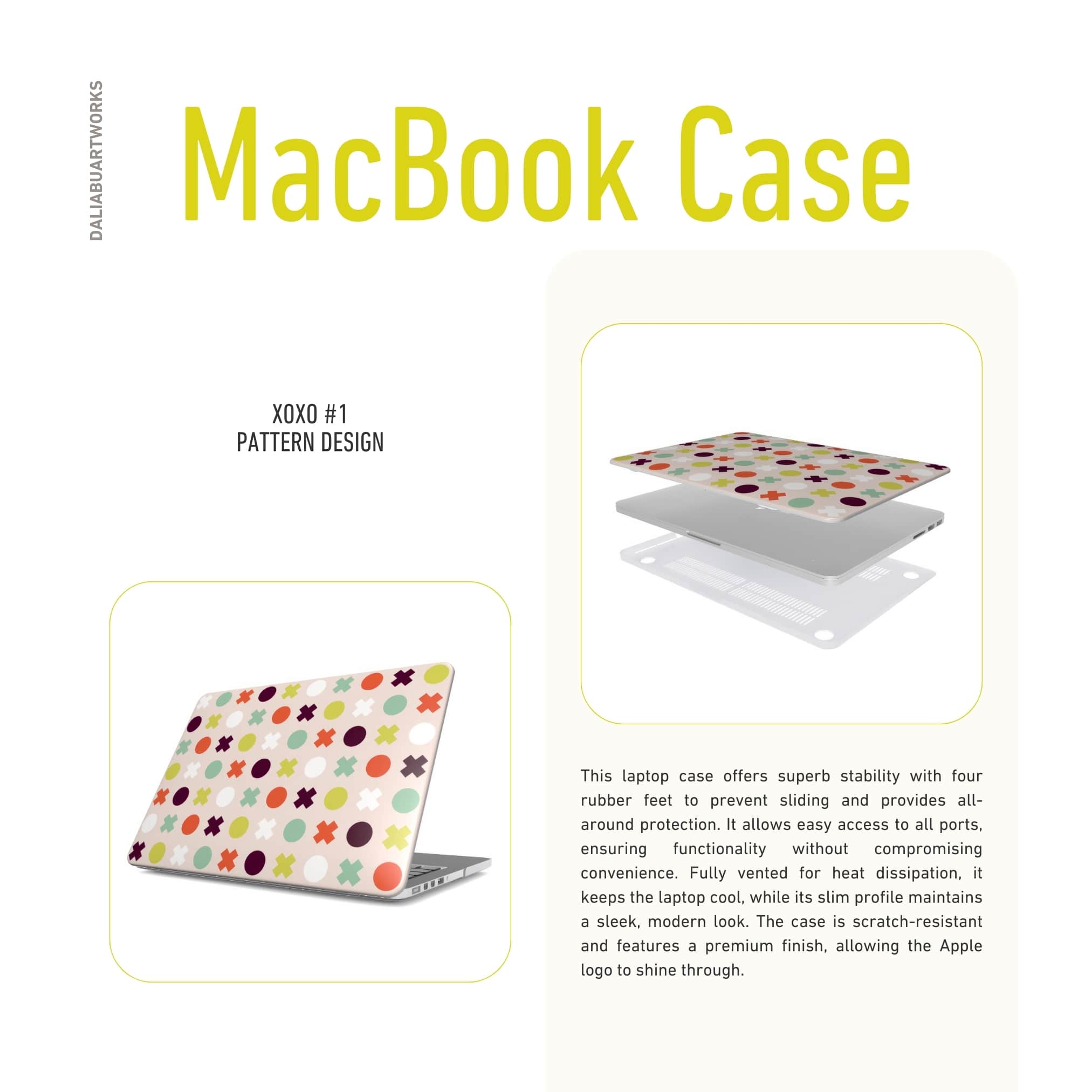 MacBook case XOXO pattern design with a circles and cross modern style, featuring an elegant and expressive aesthetic design. Main colors are orange red, purple, yellow and mint. Details about laptop cover ventilation features.