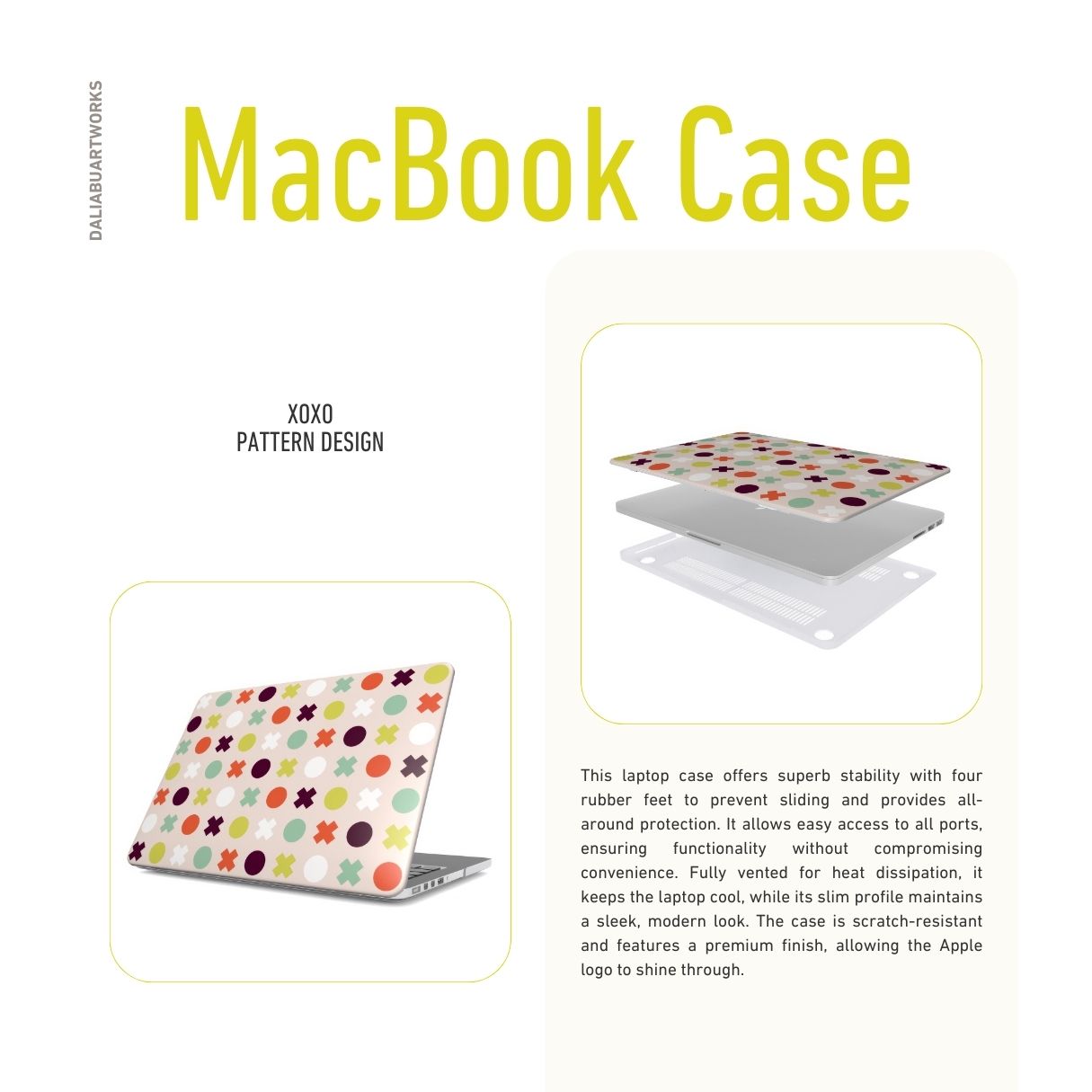 MacBook case XOXO pattern design with a circles and cross modern style, featuring an elegant and expressive aesthetic design. Main colors are orange red, purple, yellow and mint. Details about laptop cover ventilation features.