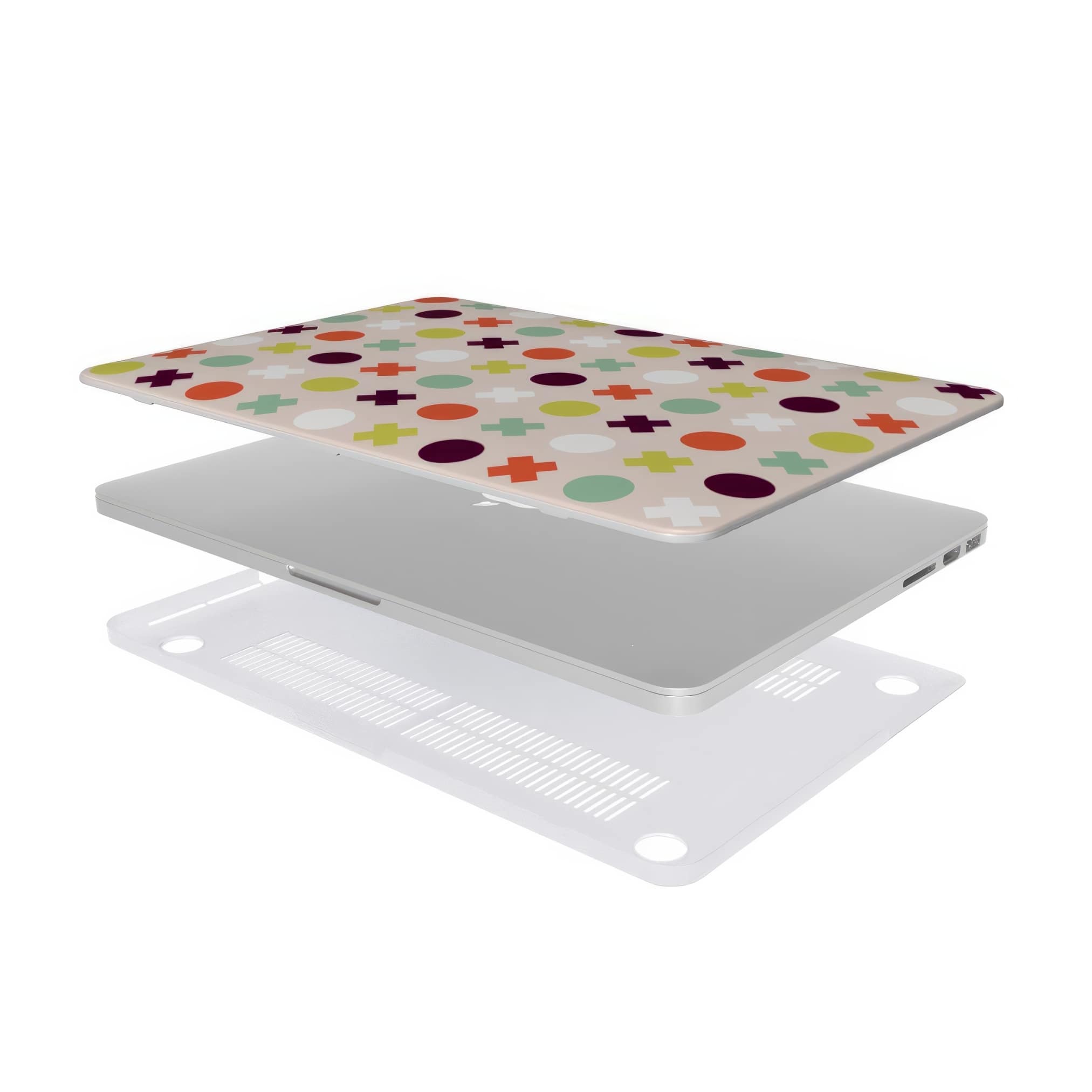 MacBook case XOXO pattern design with a circles and cross modern style, featuring an elegant and expressive aesthetic design. Main colors are orange red, purple, yellow and mint. Extend view.