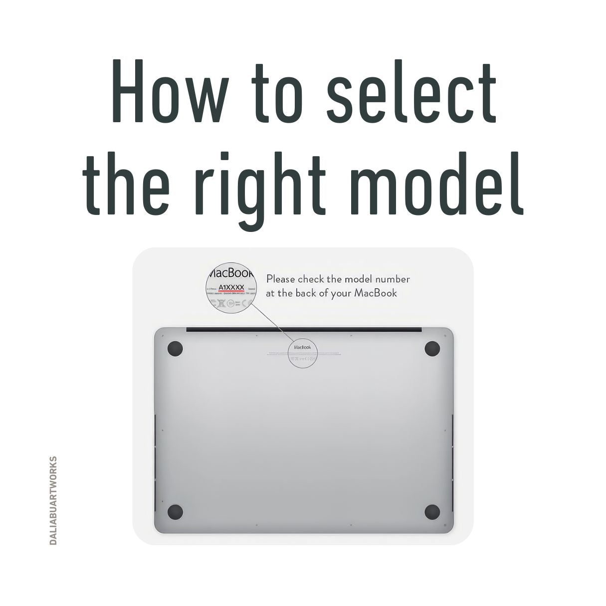 Details how to select correct laptop case according to MacBook model number written on the device back.