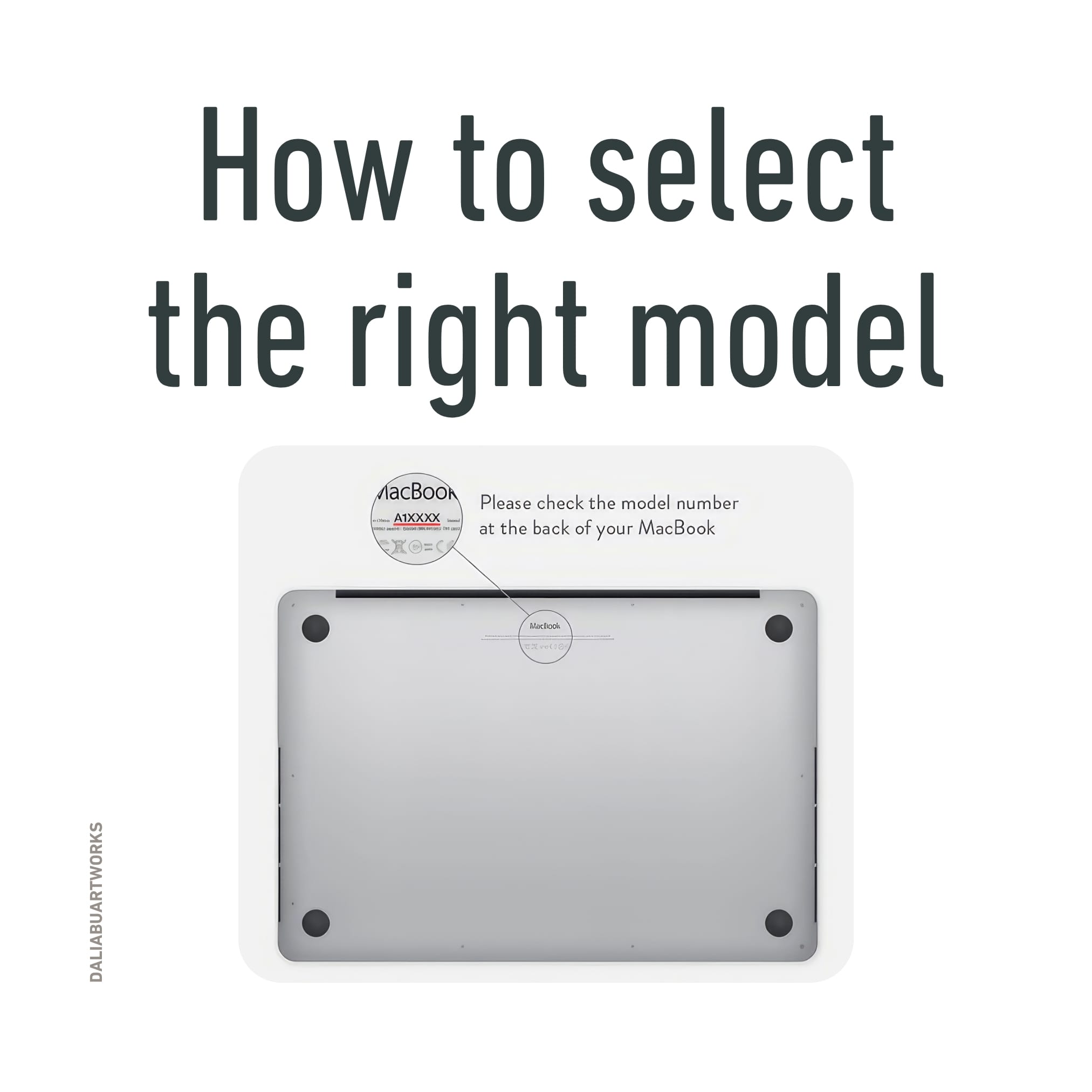 Details how to select correct laptop case according to MacBook model number written on the device back.