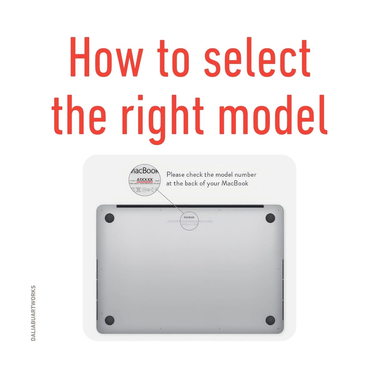 Macbook back view. Details how to select correct laptop case according to device model type.
