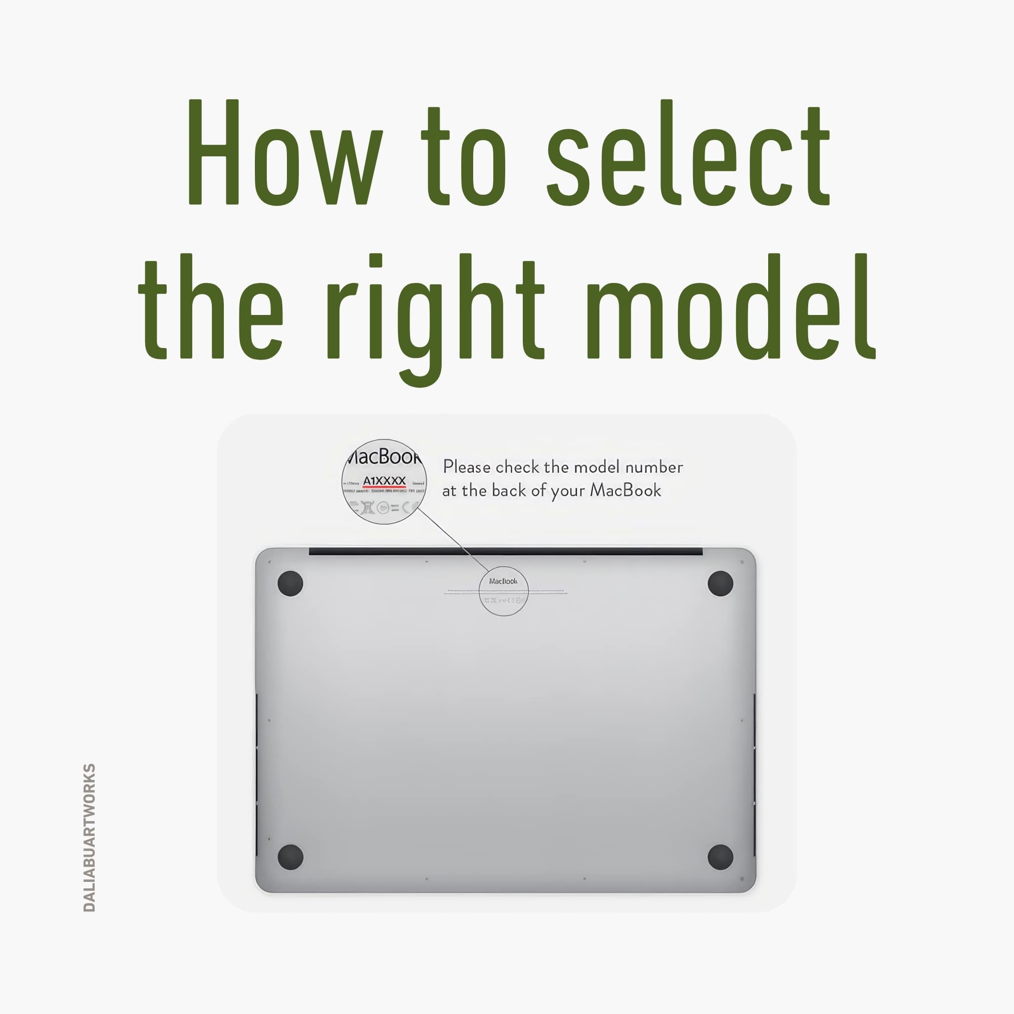Details how to select correct case type according to MacBook model number on the back side of the device.