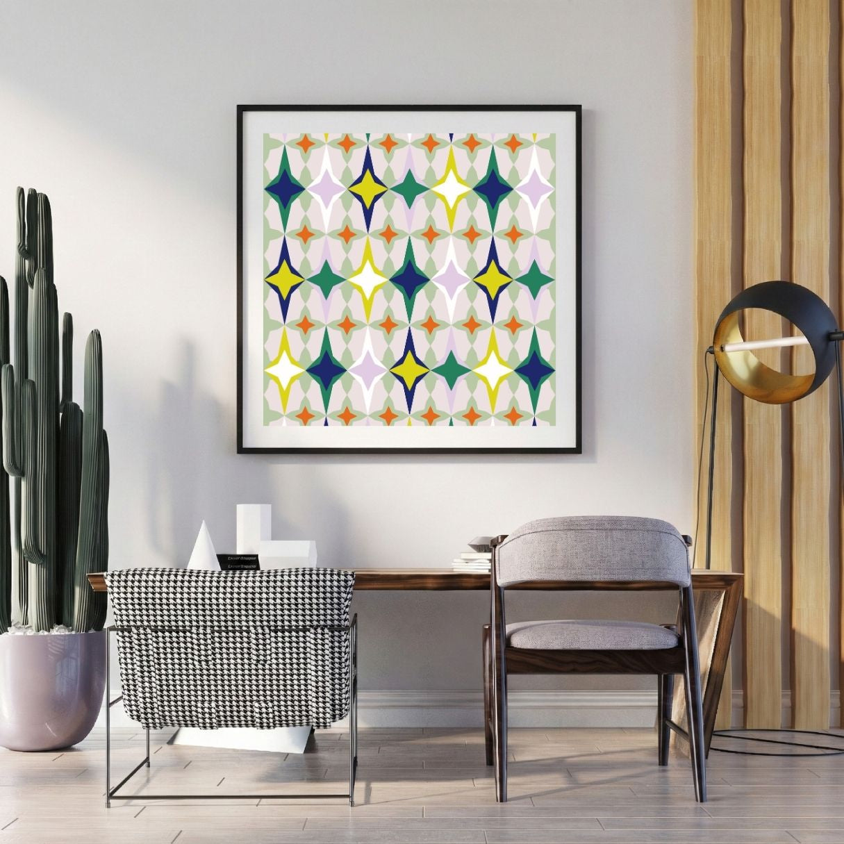 Modern interior with a colorful abstract art piece on the wall, a desk, and chairs.