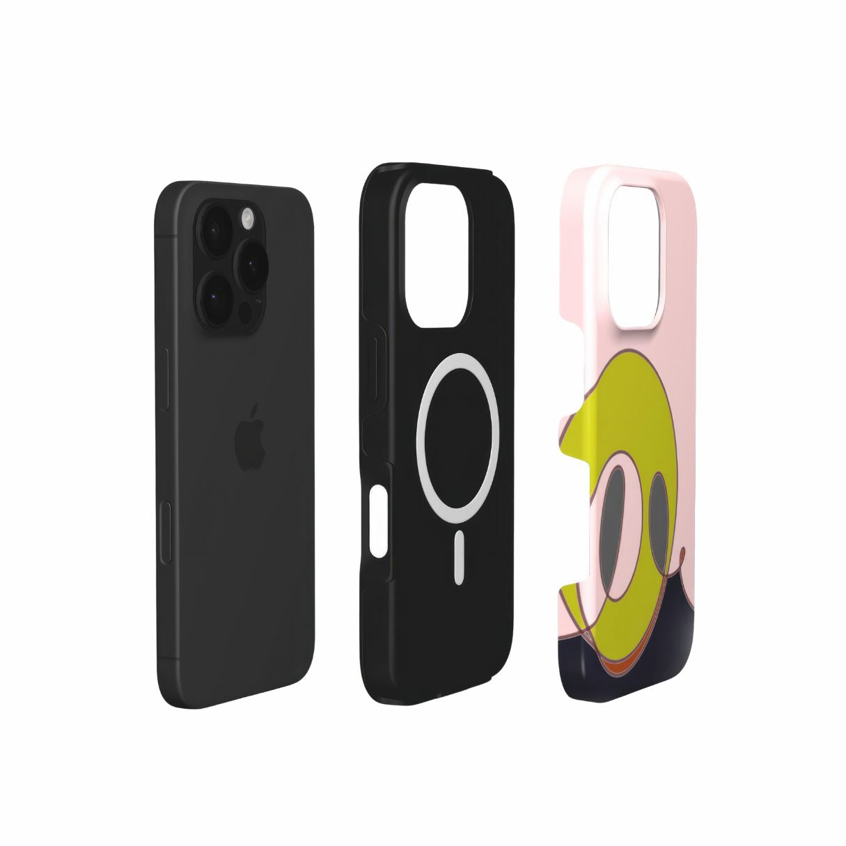 MagSafe tough phone case Smile pattern design with a playful, bold expression of joy captured in abstract form, featuring an elegant and expressive aesthetic design. Main colors are pink and mustard yellow. Extend view.