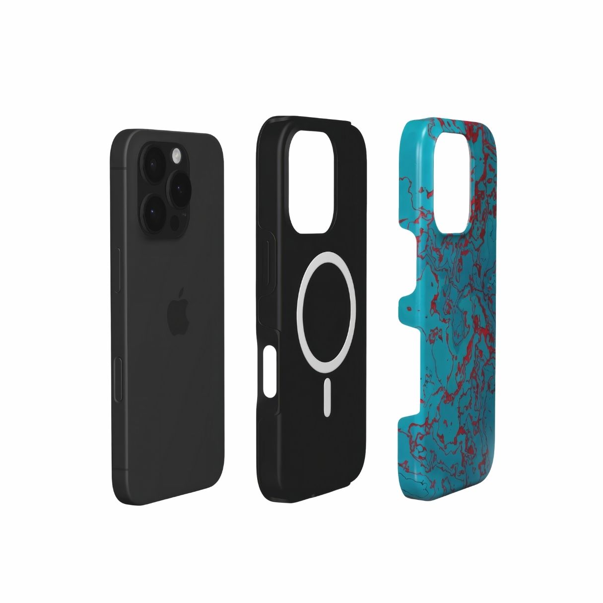 MagSafe tough phone case with vivid color pattern Arteries abstract and artistic style, featuring an elegant and expressive aesthetic design. Main colors are red, turquoise blue. Extend view.