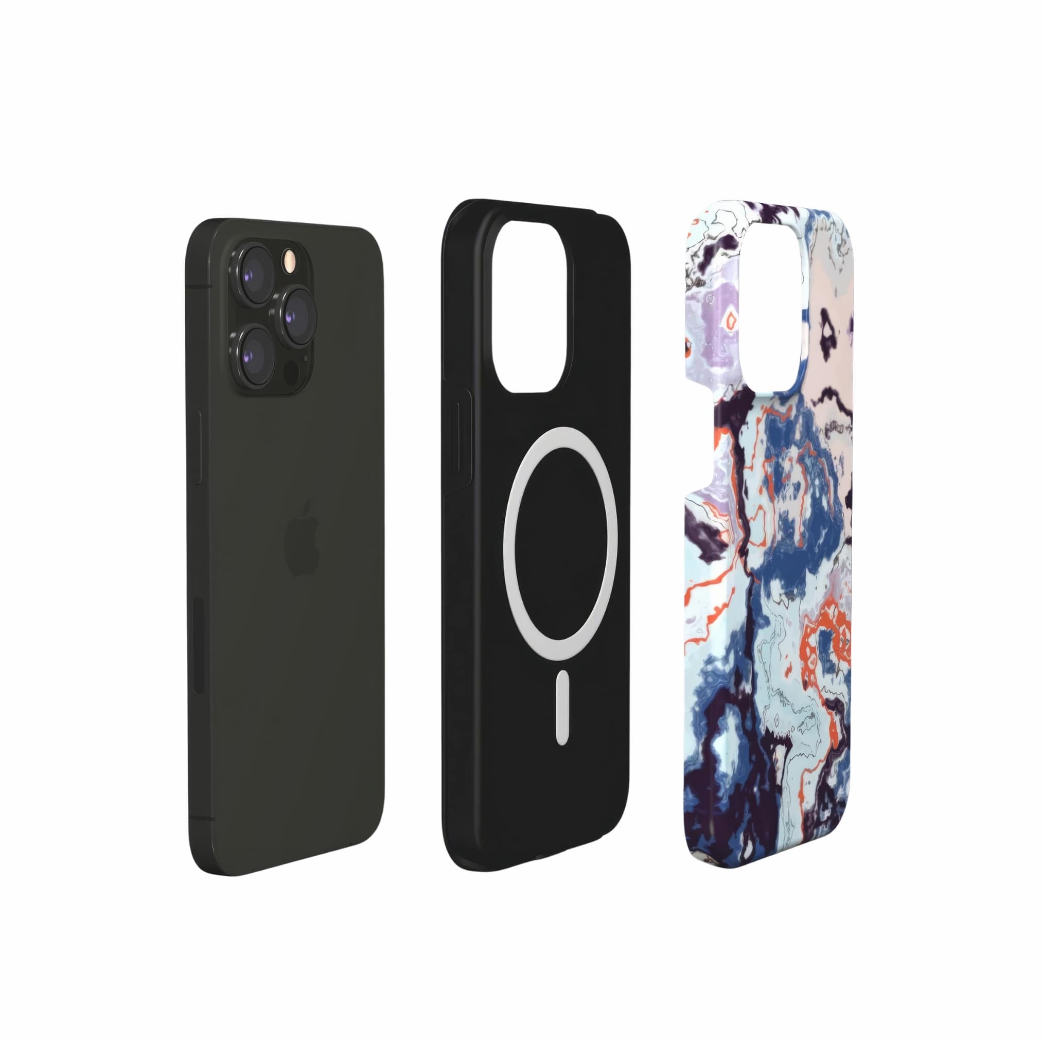 Tough magsafe phone case extend view; Blue Marble 1 pattern, artistic, abstract marble pattern. Blue and beige color combination.