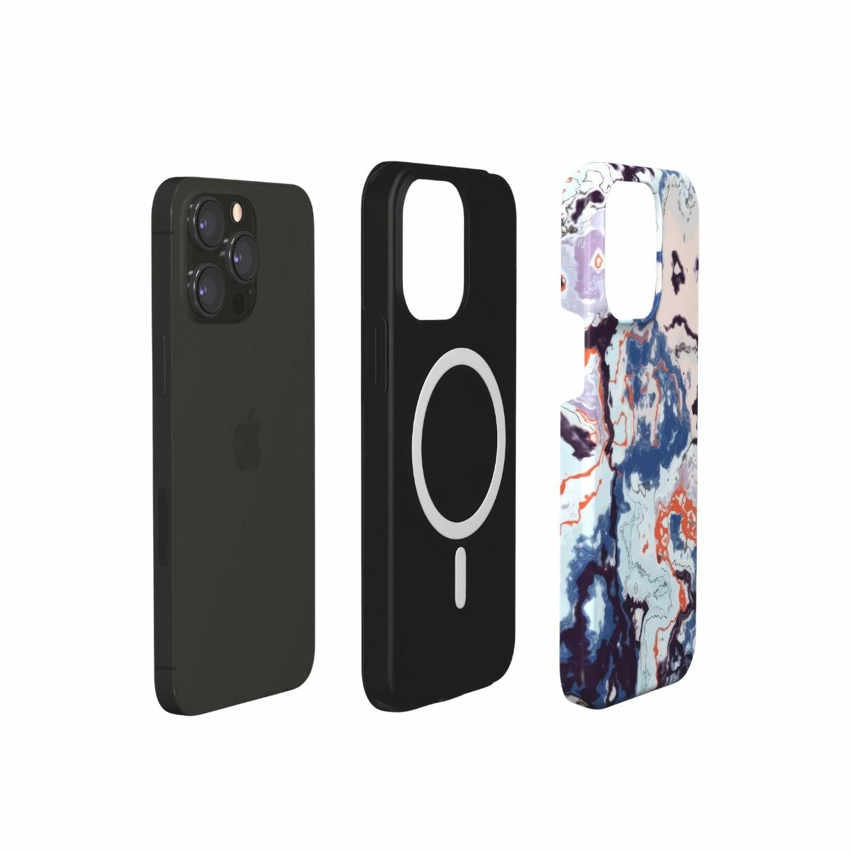 Tough MagSafe phone case extend view; Blue Marble pattern, artistic, abstract marble pattern. Blue and beige color combination.
