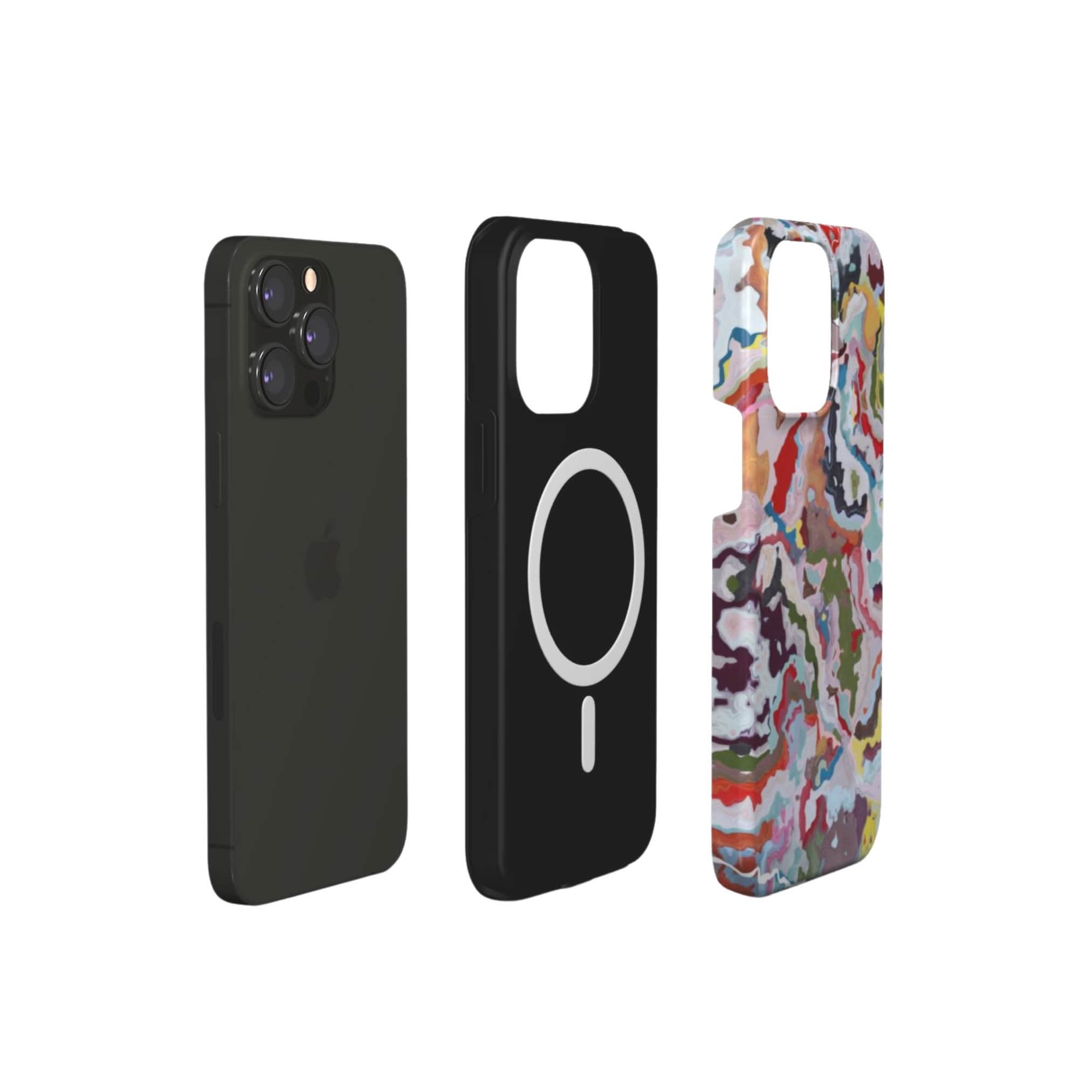 Tough magsafe phone case extend view; Bold sprinkles 1 pattern, artistic, abstract marble pattern. Mix color combination.