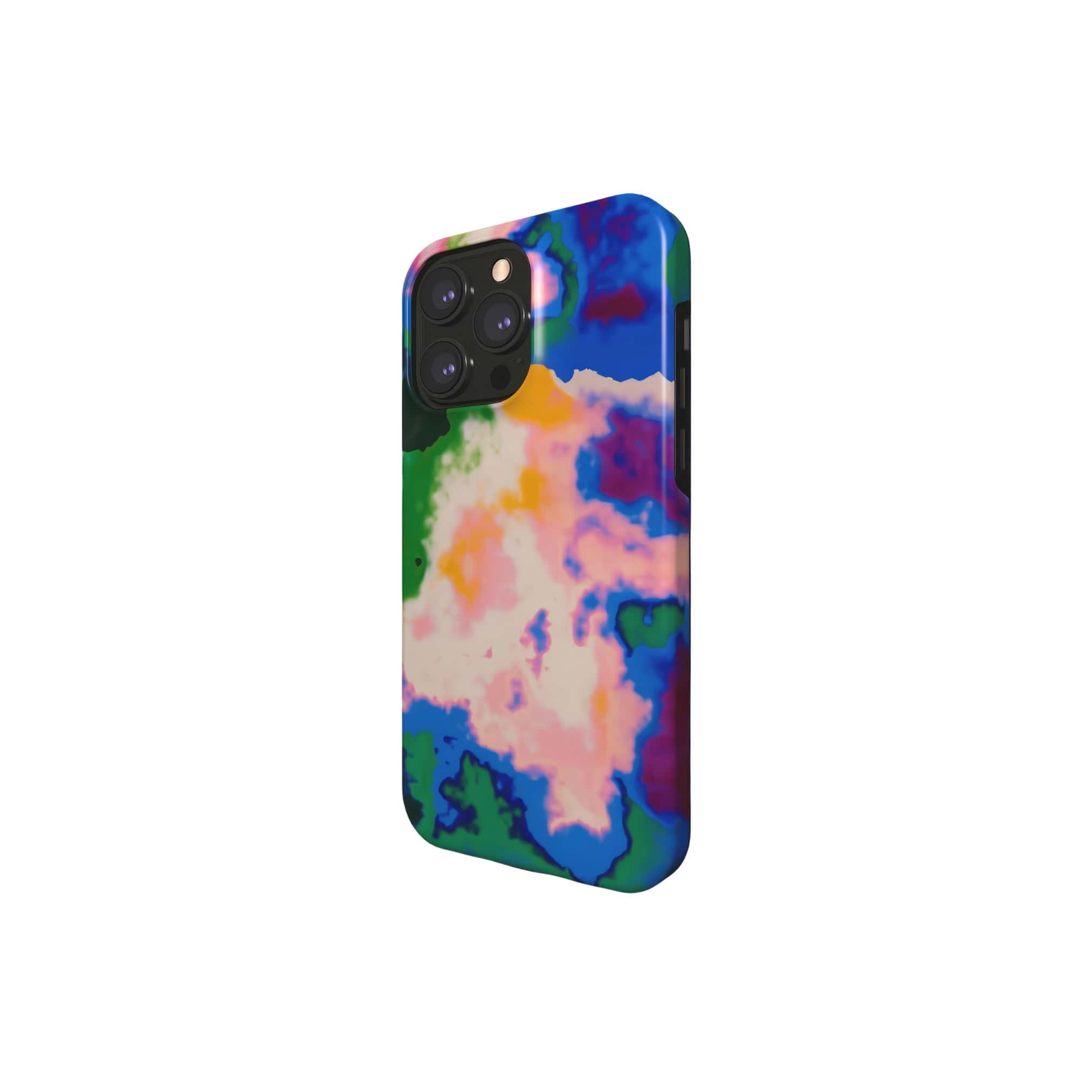 Tough magsafe phone case side view; Brazil 2 pattern, artistic, abstract marble pattern. Green, blue and beige color combination.
