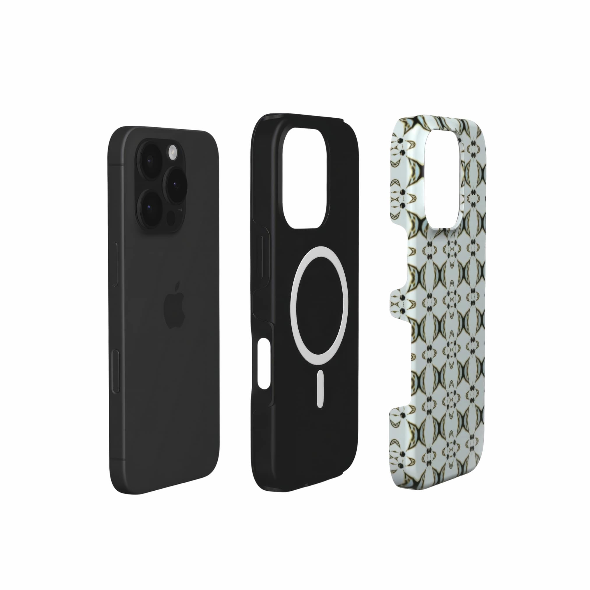 MagSafe tough phone case ButterFly pattern design with a playful, bold expression of kaleidoscope form, featuring an elegant and expressive aesthetic design. Main color is light blue. Extend view.