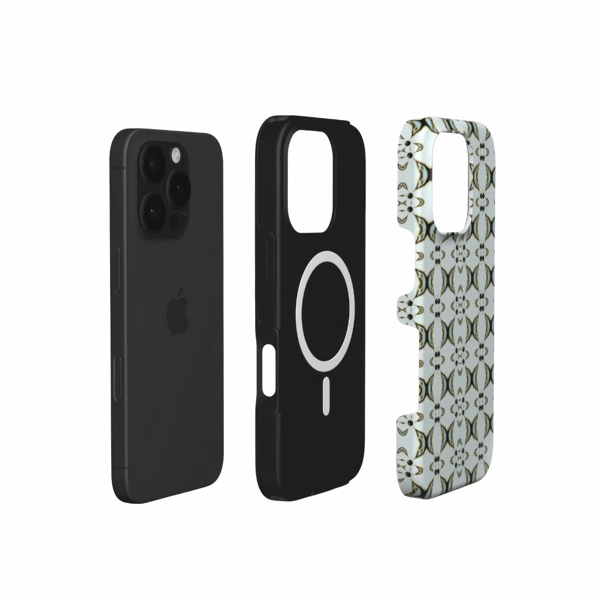 MagSafe tough phone case ButterFly pattern design with a playful, bold expression of kaleidoscope form, featuring an elegant and expressive aesthetic design. Main color is light blue. Extend view.