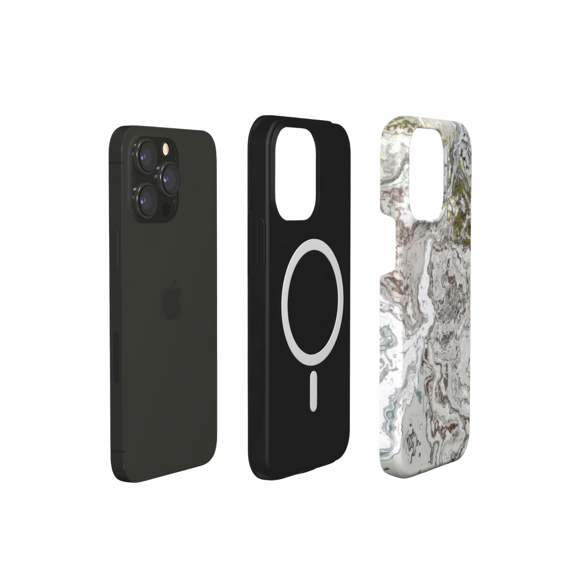 Tough magsafe phone case extend view; Classic White Marble 1 pattern, artistic, abstract marble pattern. White and grey color combination.