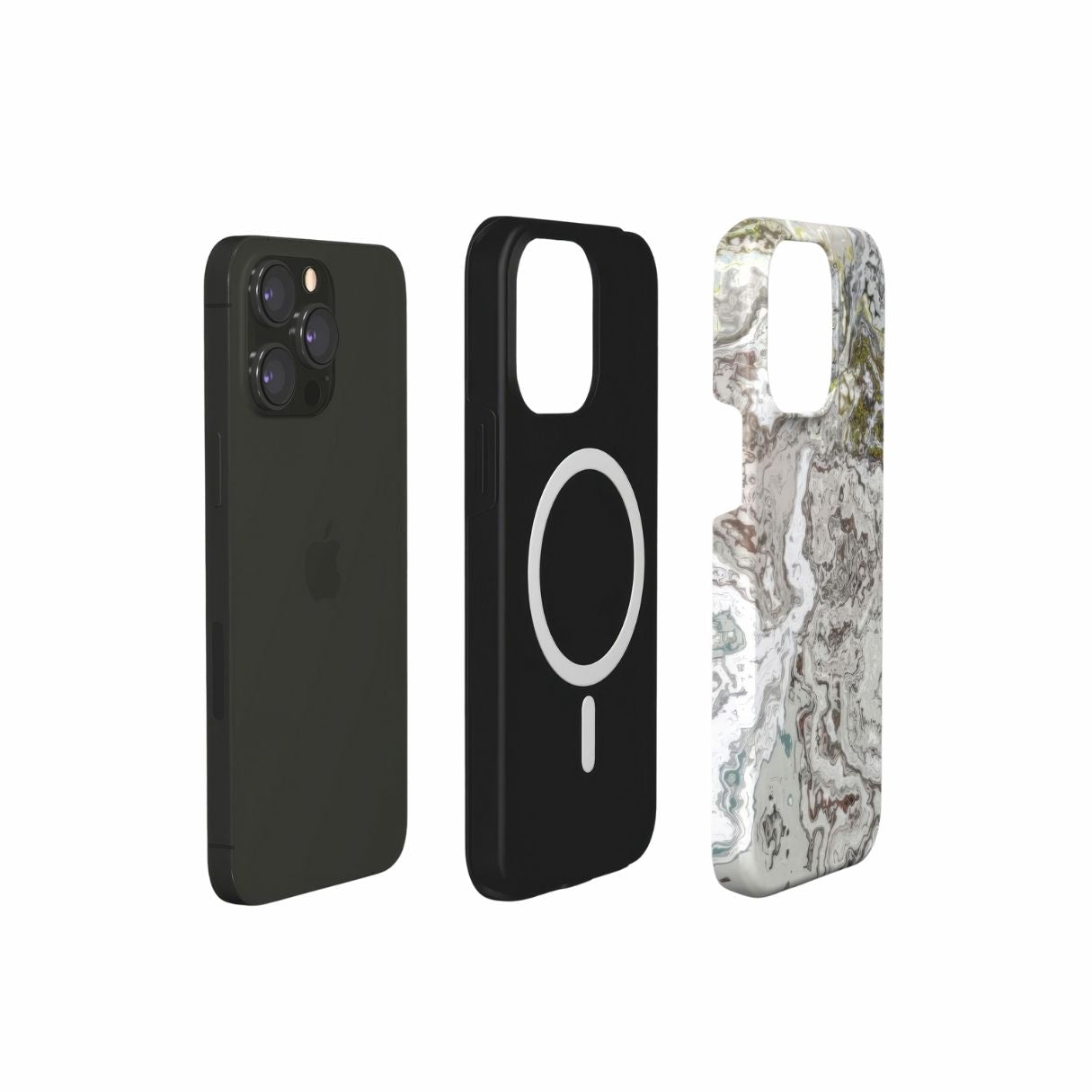 Tough MagSafe phone case extend view; Classic White Marble pattern, artistic, abstract marble pattern. White and grey color combination.