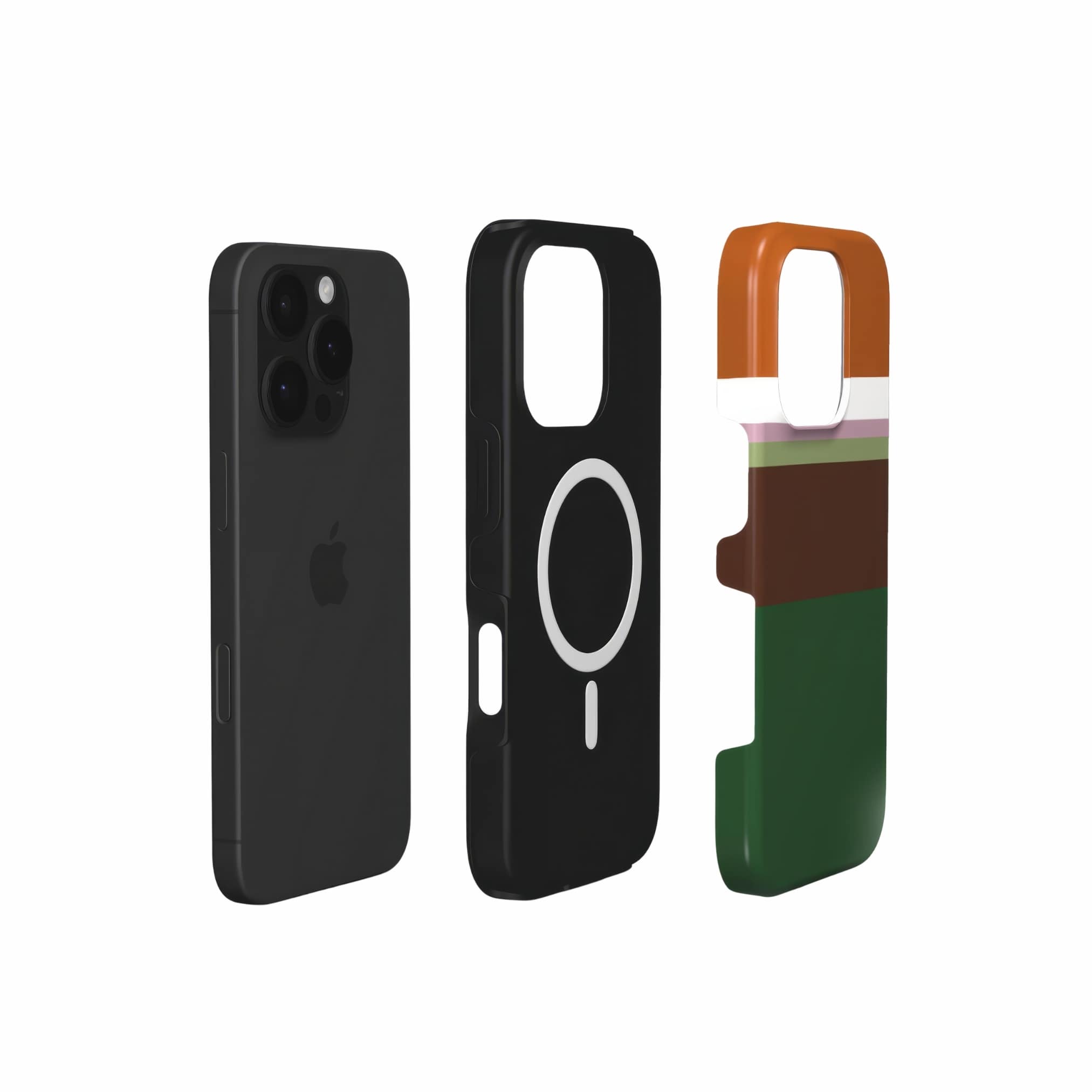 MagSafe tough phone case Color Blocks 4 pattern design with a color blocks, featuring an elegant and expressive aesthetic design. Main colors are caramel, chocolate brown, rich green. Extend view.