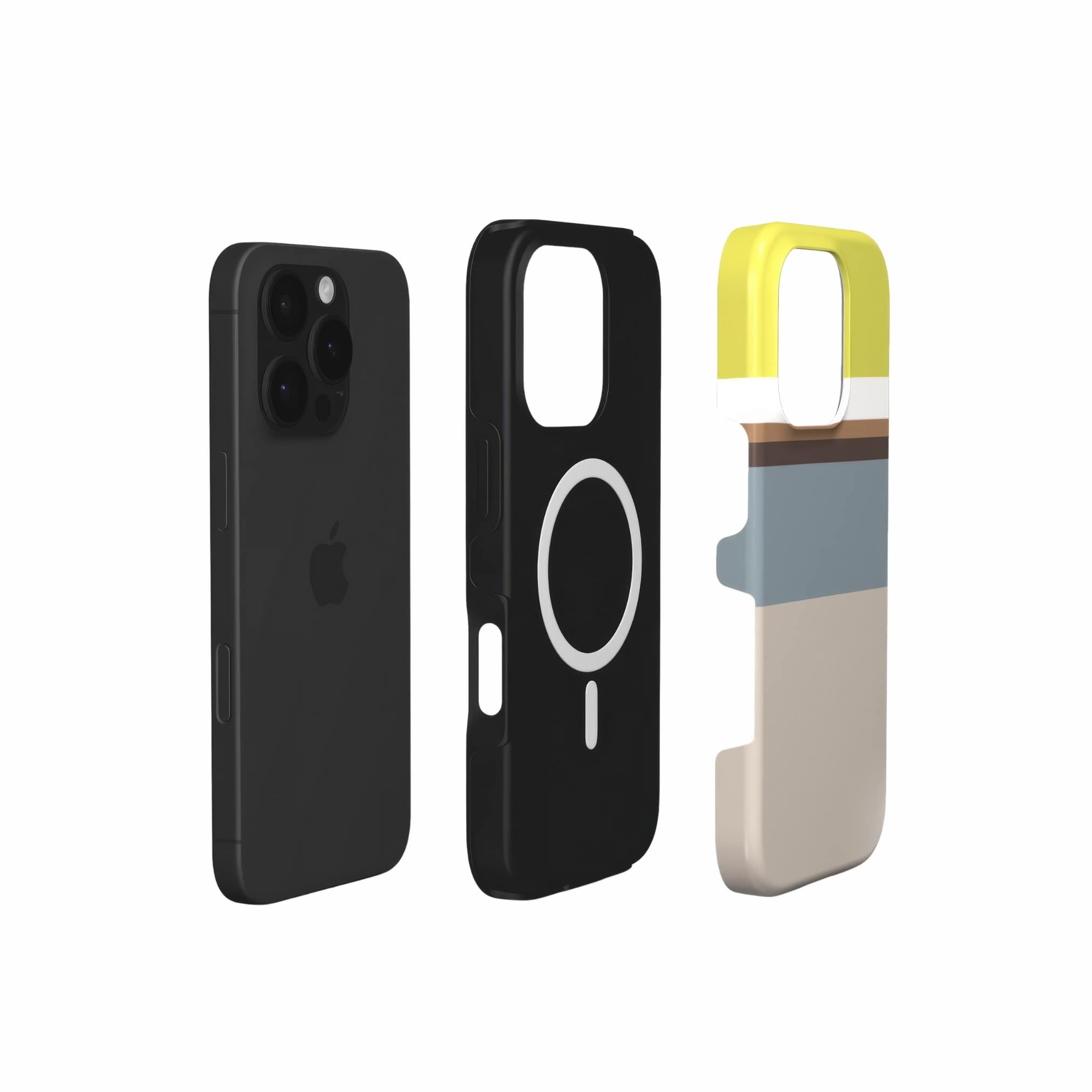 MagSafe tough phone case Color Blocks 5 pattern design with a color blocks, featuring an elegant and expressive aesthetic design. Main colors are caramel, chocolate brown, yellow and gray. Extend view.