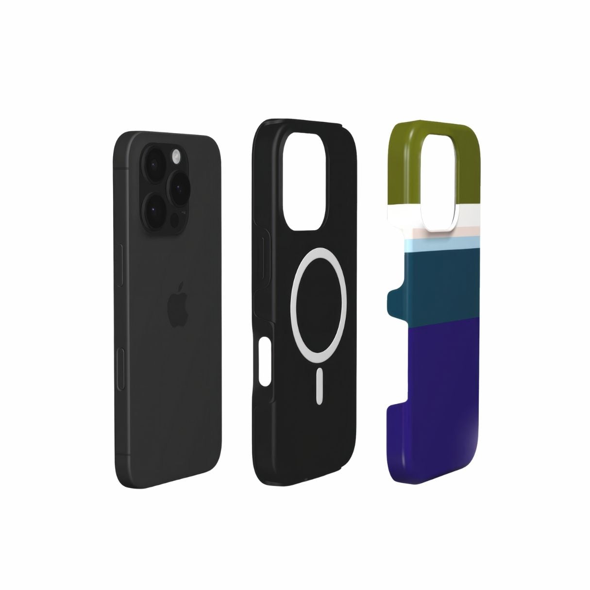 MagSafe tough phone case Color Blocks Navy pattern design with a color blocks, featuring an elegant and expressive aesthetic design. Main colors are khaki, navy blue, deep marine, light blue and pink. Extend view.