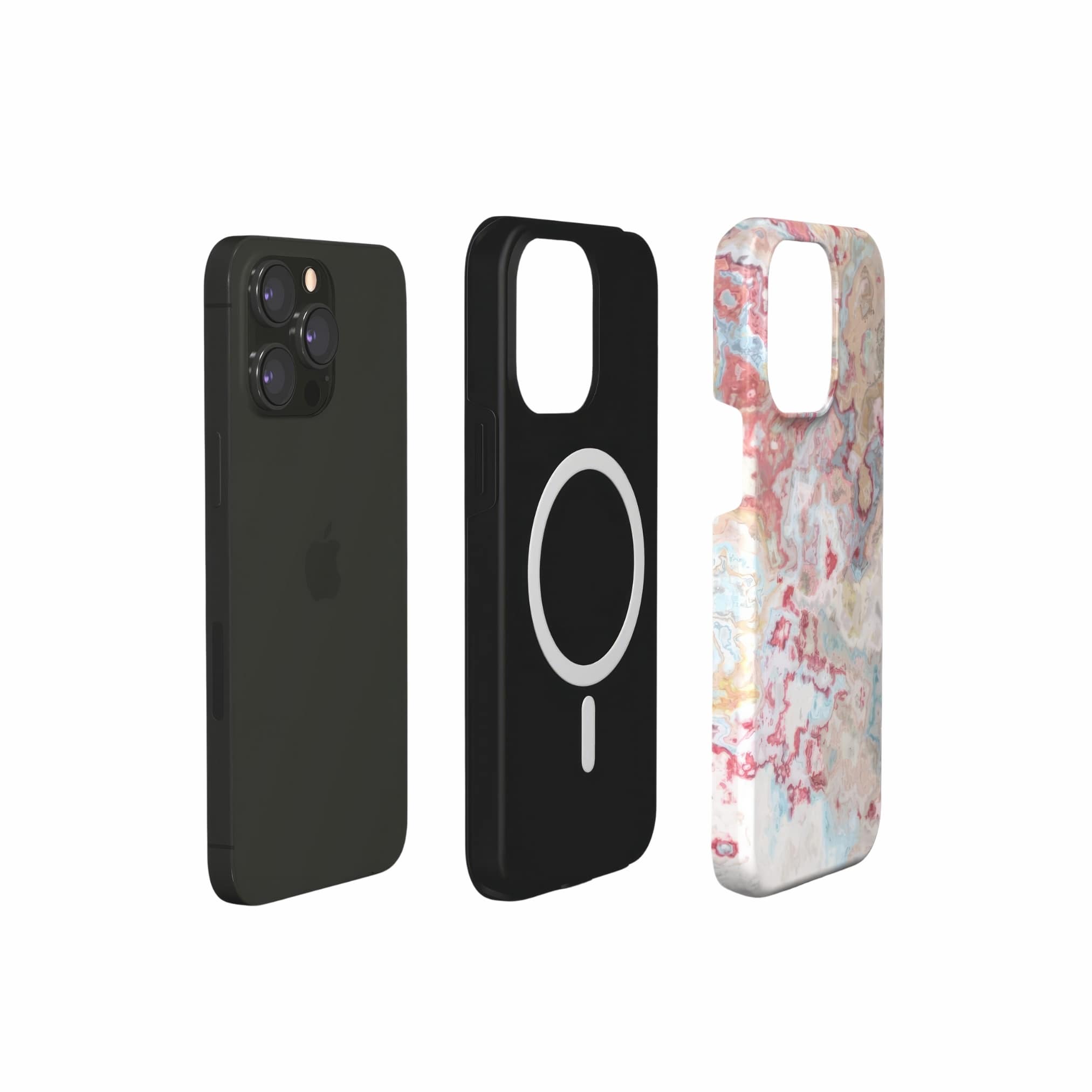 Tough magsafe phone case extend view; Divine Blue 1 pattern, artistic, abstract marble pattern. Pink red and light blue color combination.