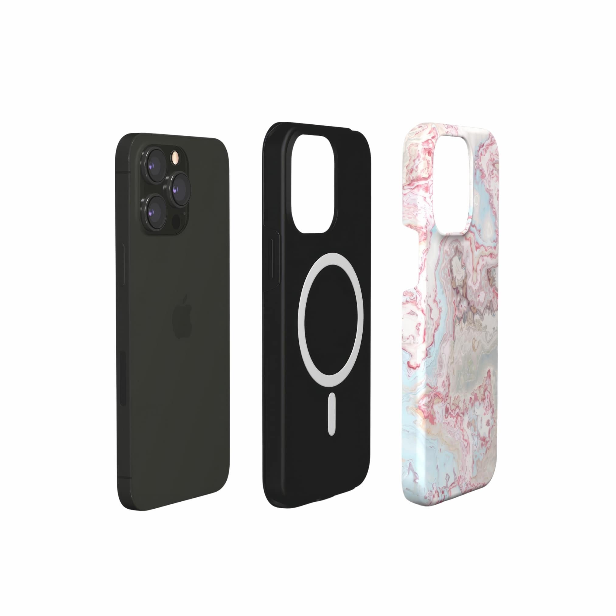 Tough magsafe phone case extend view; Divine Blue 2 pattern, artistic, abstract marble pattern. Pink red and light blue color combination.