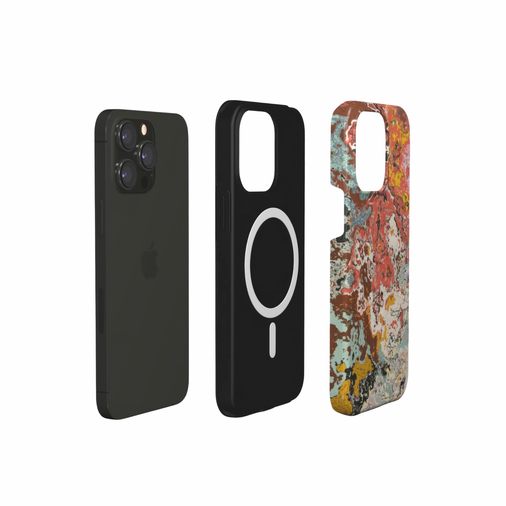 Tough magsafe phone case extend view; Earth in Flux 1 pattern, artistic, abstract marble pattern. Brick red and light blue color combination.