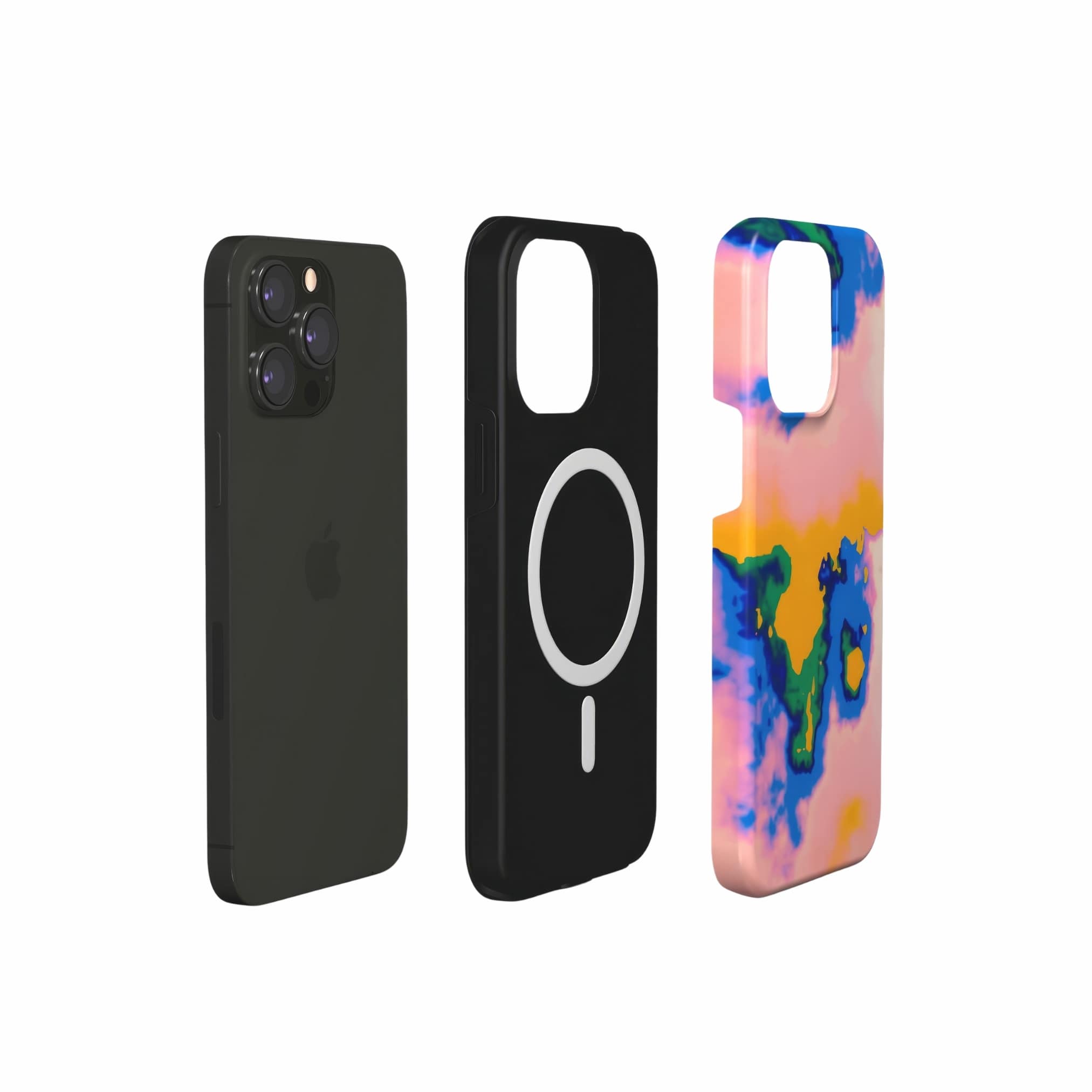 Tough magsafe phone case extend view; Electricity 1 pattern, artistic, abstract marble pattern. Orange and light blue color combination.