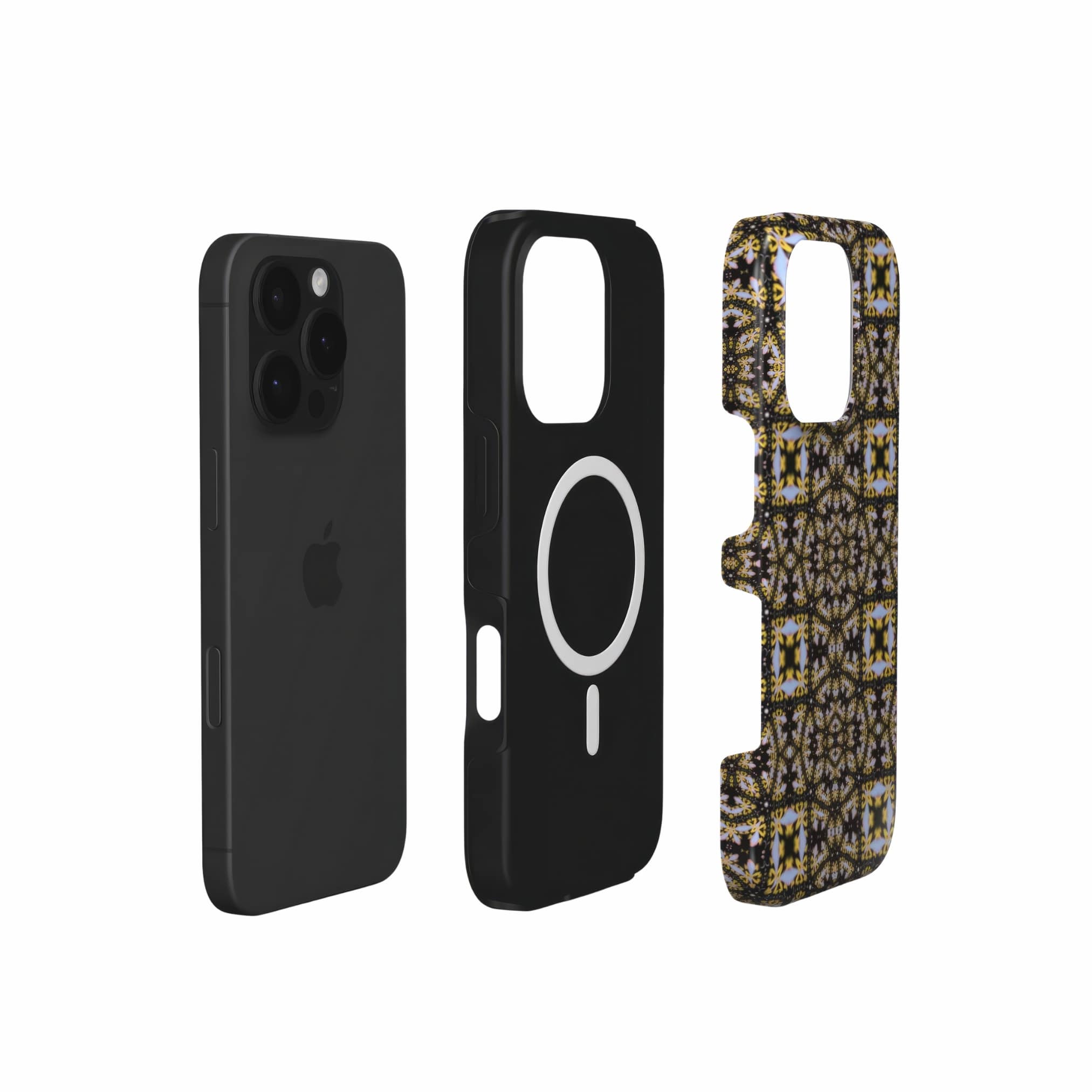 MagSafe tough phone case Fleurs Du Jardin 1 pattern with geometric design, featuring an elegant and expressive aesthetic shape. Main colors are blue, yellow and dark purple. Extend view.