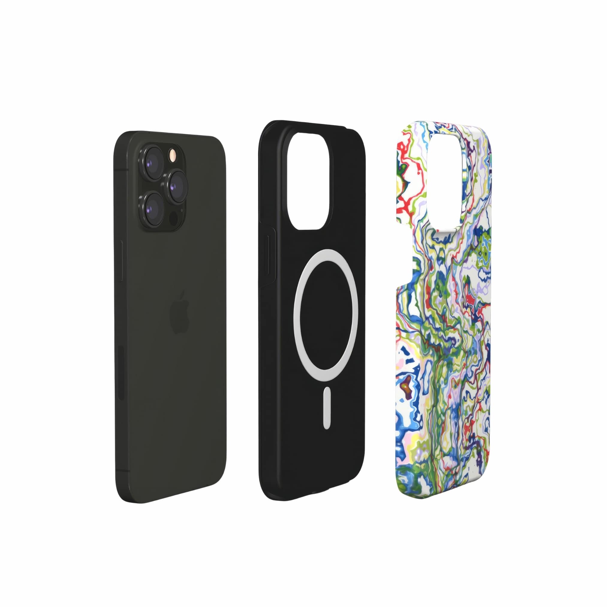 Tough magsafe phone case extend view; Inside My Brain 1 pattern, artistic, abstract marble pattern. Green, blue and red color combination.