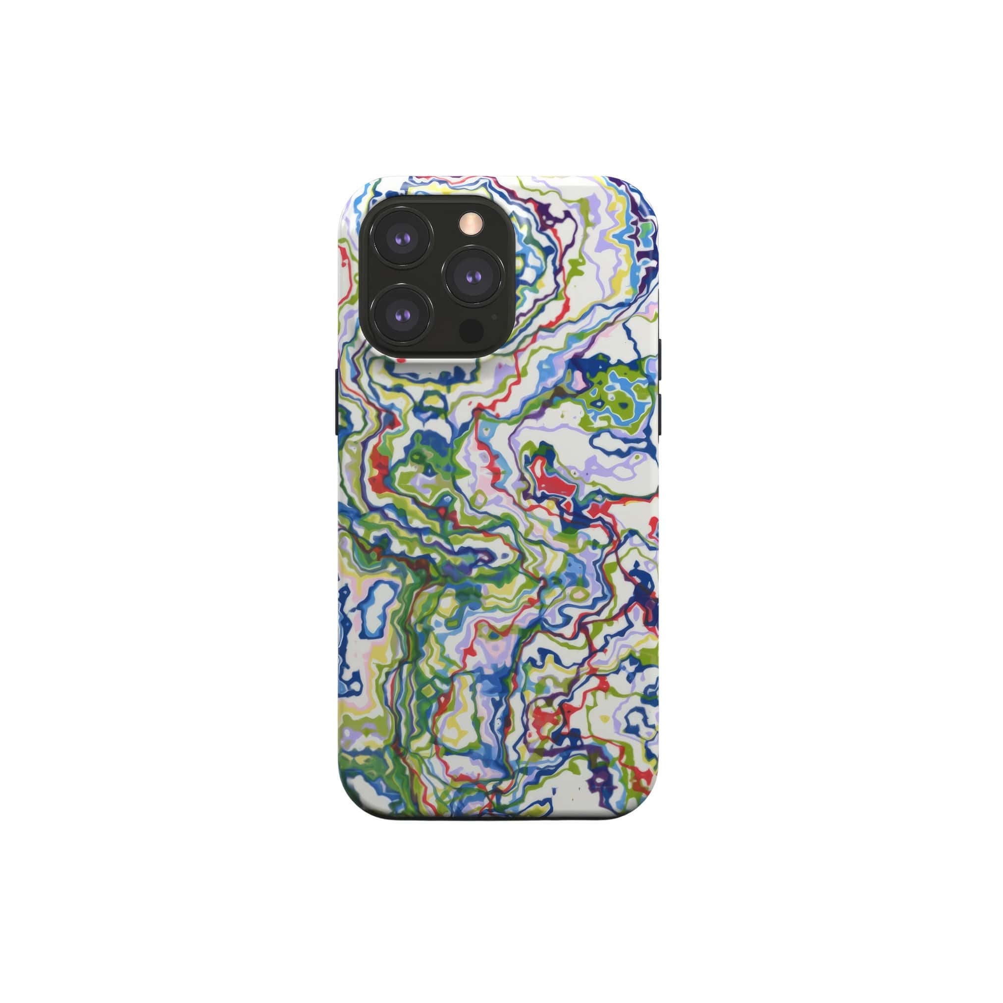 Tough magsafe phone case front view; Inside My Brain 1 pattern, artistic, abstract marble pattern. Green, blue and red color combination. Bold expressive aesthetic design. Colorful and interior fit. Elegant.