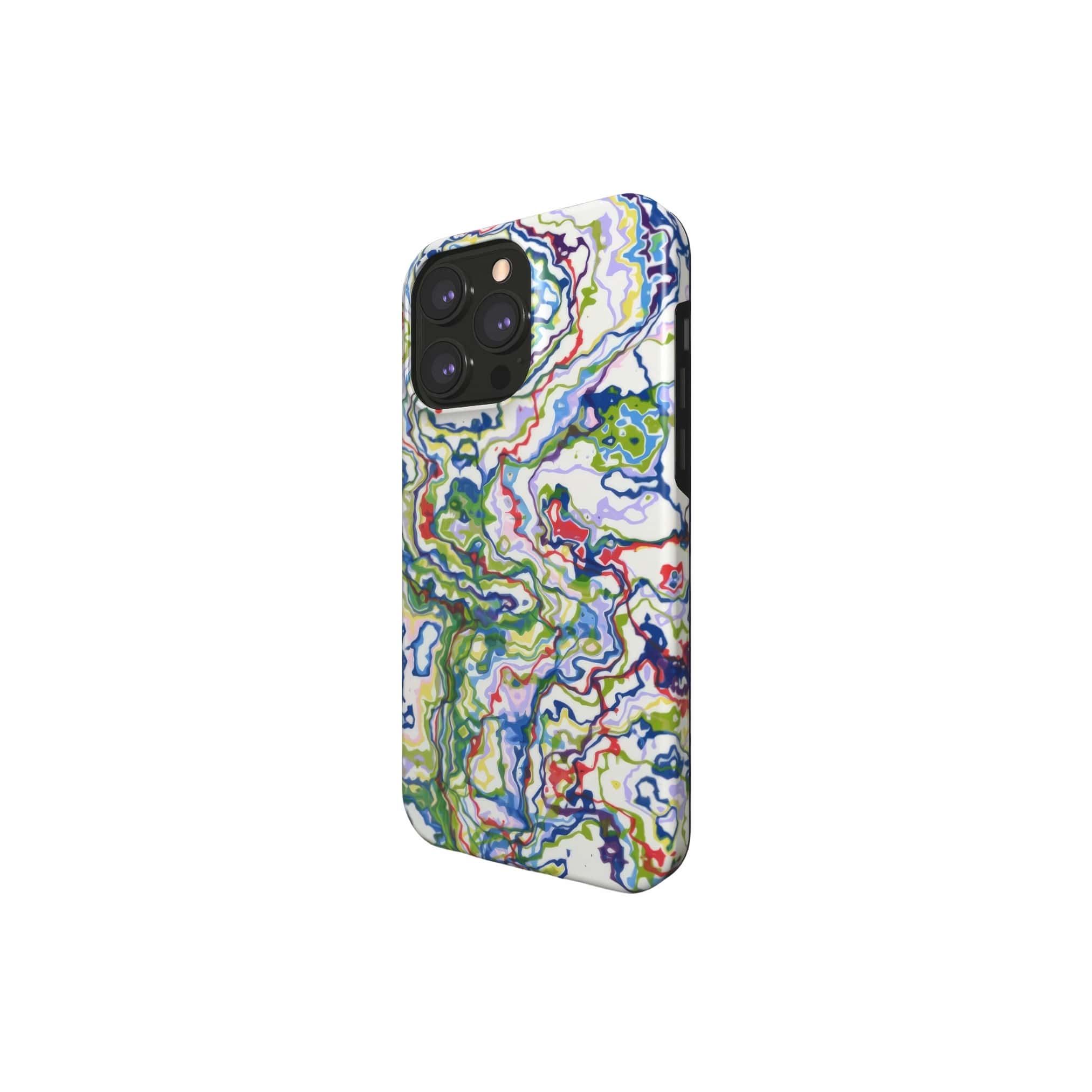 Tough magsafe phone case side view; Inside My Brain 1 pattern, artistic, abstract marble pattern. Green, blue and red color combination.