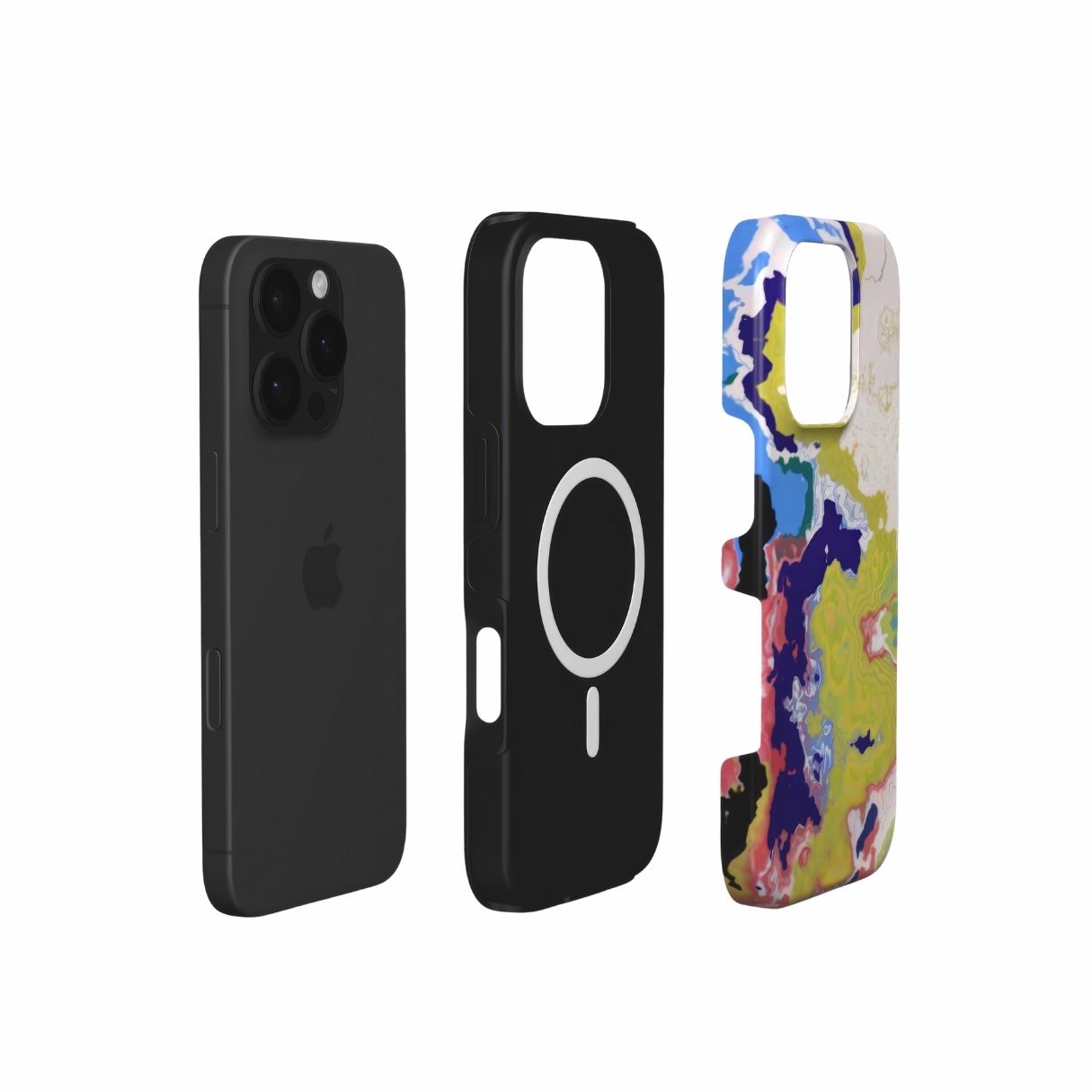 Tough MagSafe phone case extend view; Jamaica pattern, artistic, abstract marble pattern. Dark blue, yellow and white color combination.