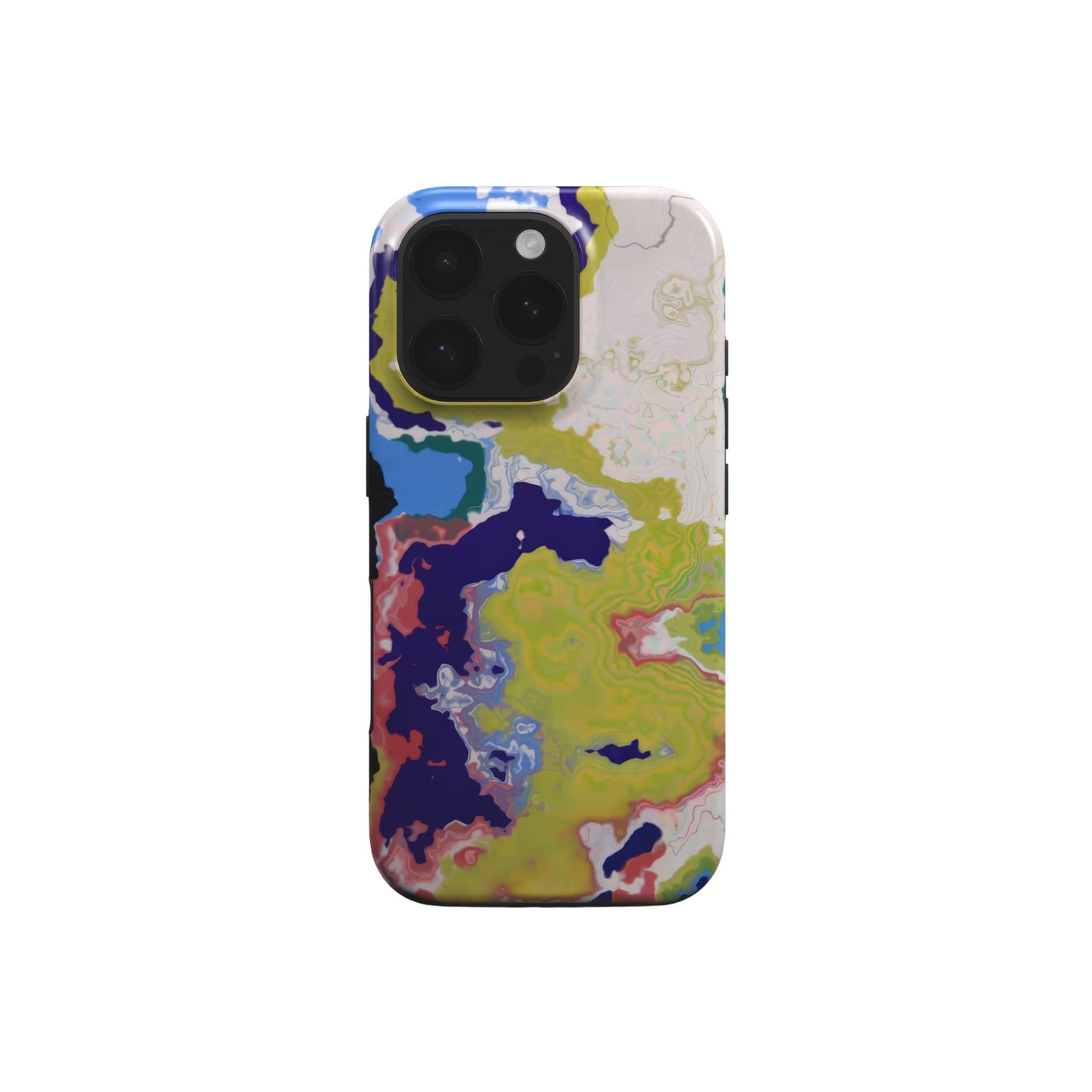 Tough MagSafe phone case front view; Jamaica pattern, artistic, abstract marble pattern. Dark blue, yellow and white color combination. Bold expressive aesthetic design. Colorful and interior fit. Elegant.