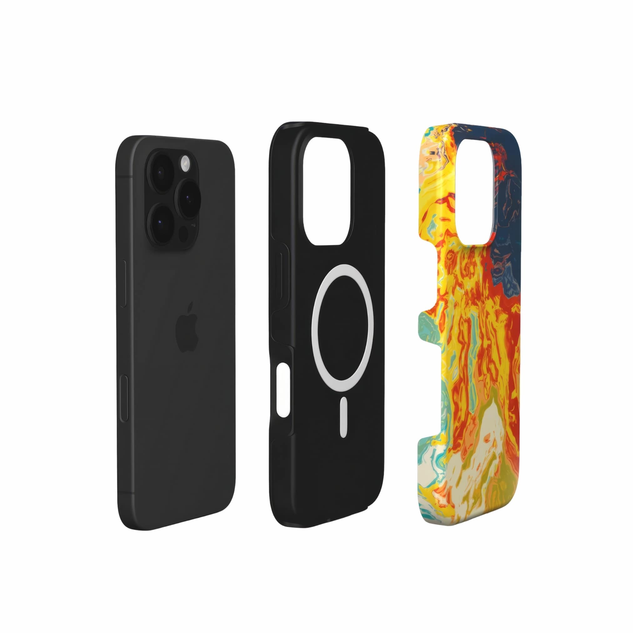 MagSafe phone tough case with a bold vivid pattern in marble abstract and artistic style, featuring an elegant and expressive aesthetic design. Main colors are navy deep blue, rich yellow, red and marine blue.